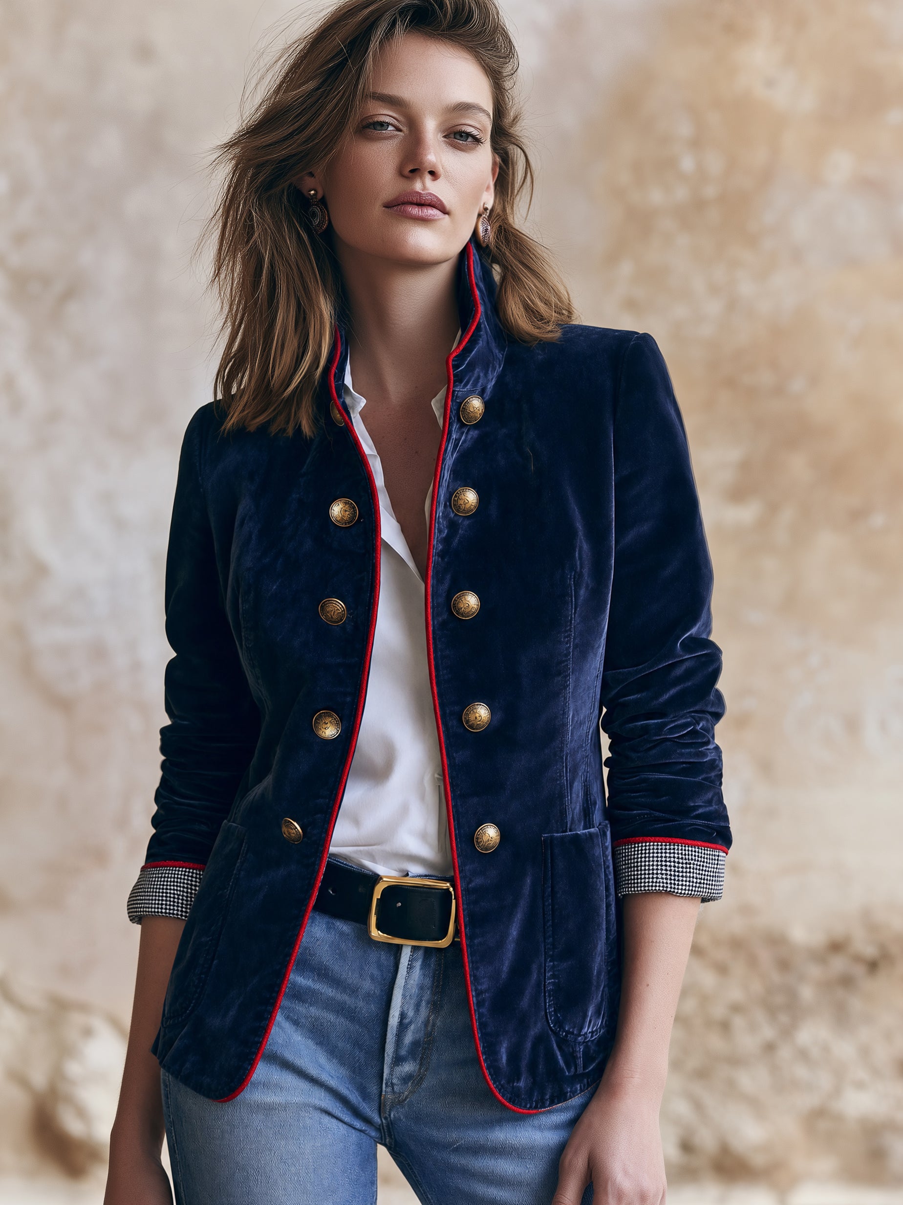 Navy Velvet Stand‑Collar Jacket