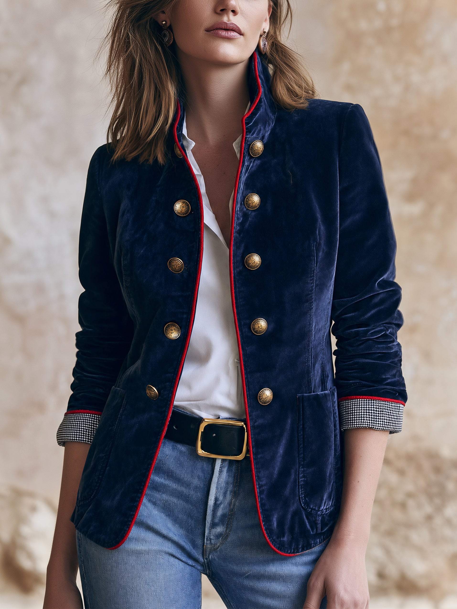 Navy Velvet Stand‑Collar Jacket