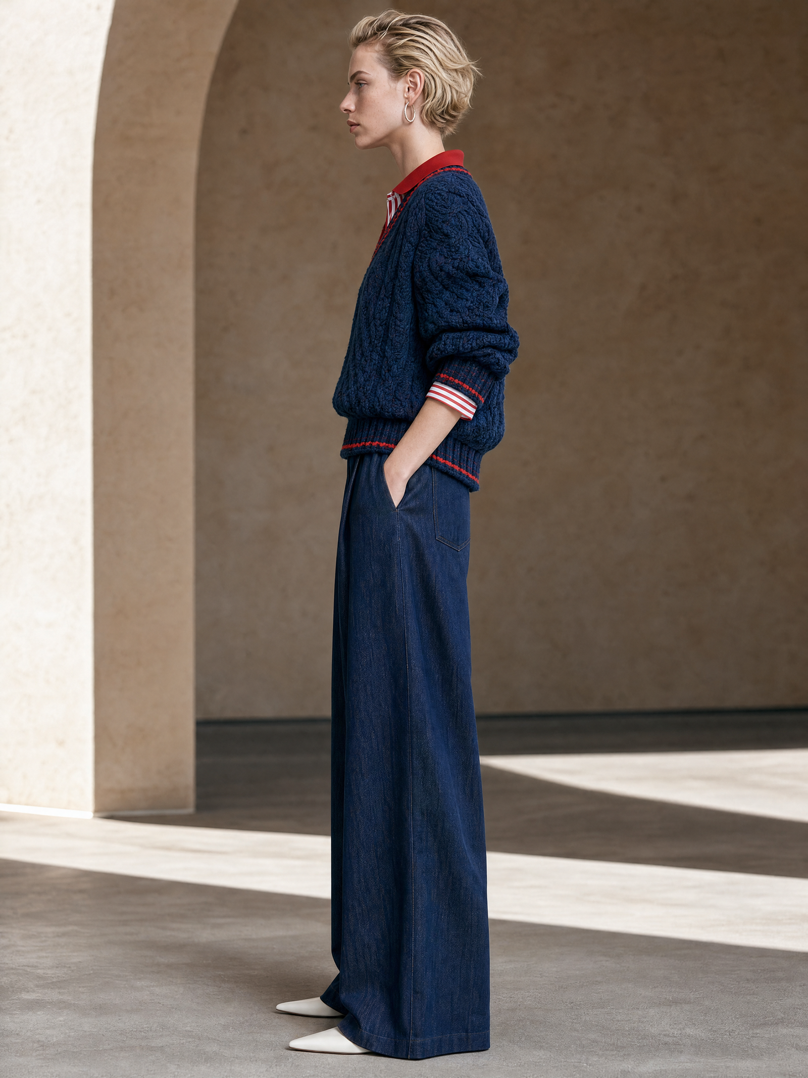 Navy Blue Cable Knit V-neck Sweater With A Layered Design