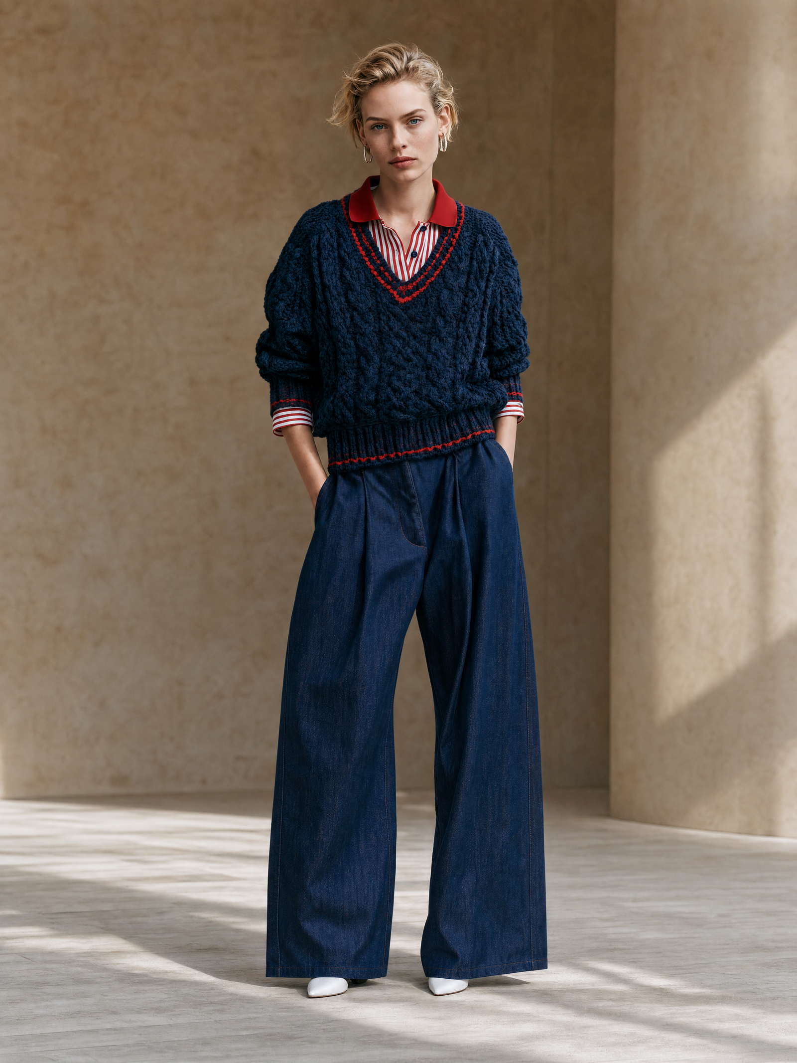 Navy Blue Cable Knit V-neck Sweater With A Layered Design