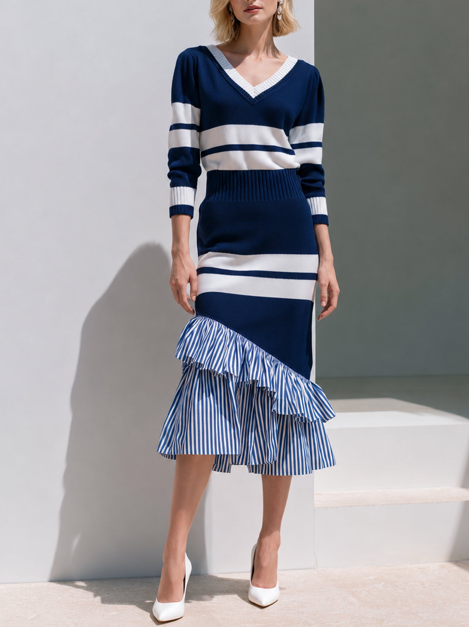Navy Striped V-Neck Knit Midi Dress With Ruffled Hem