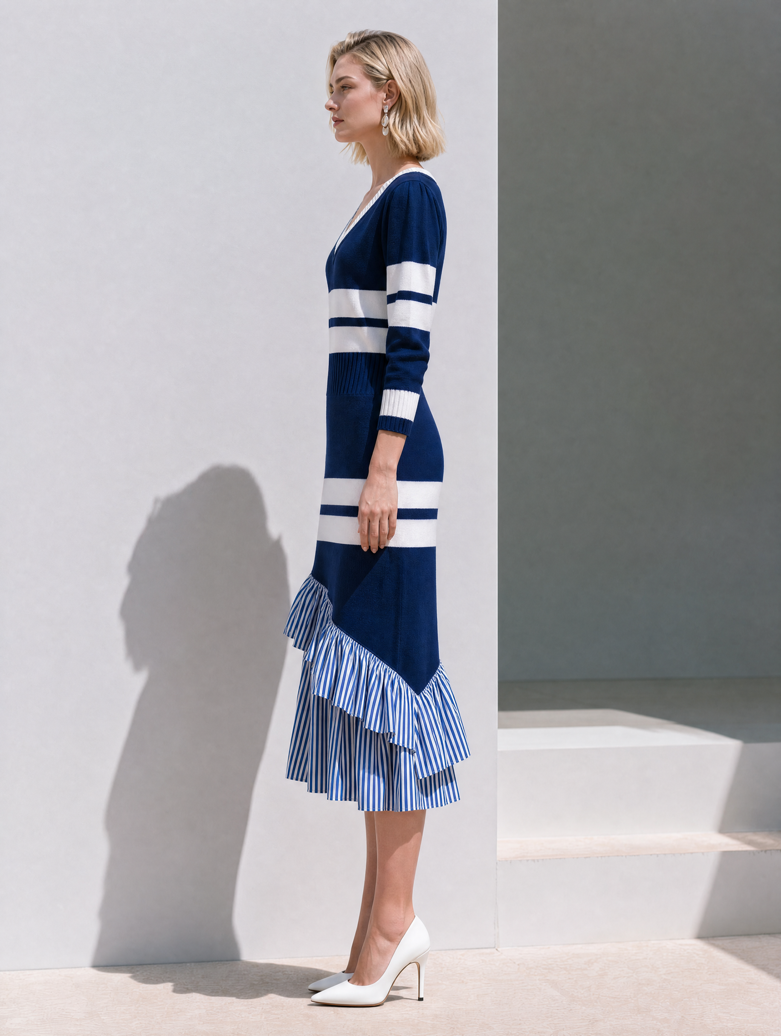 Navy Striped V-Neck Knit Midi Dress With Ruffled Hem