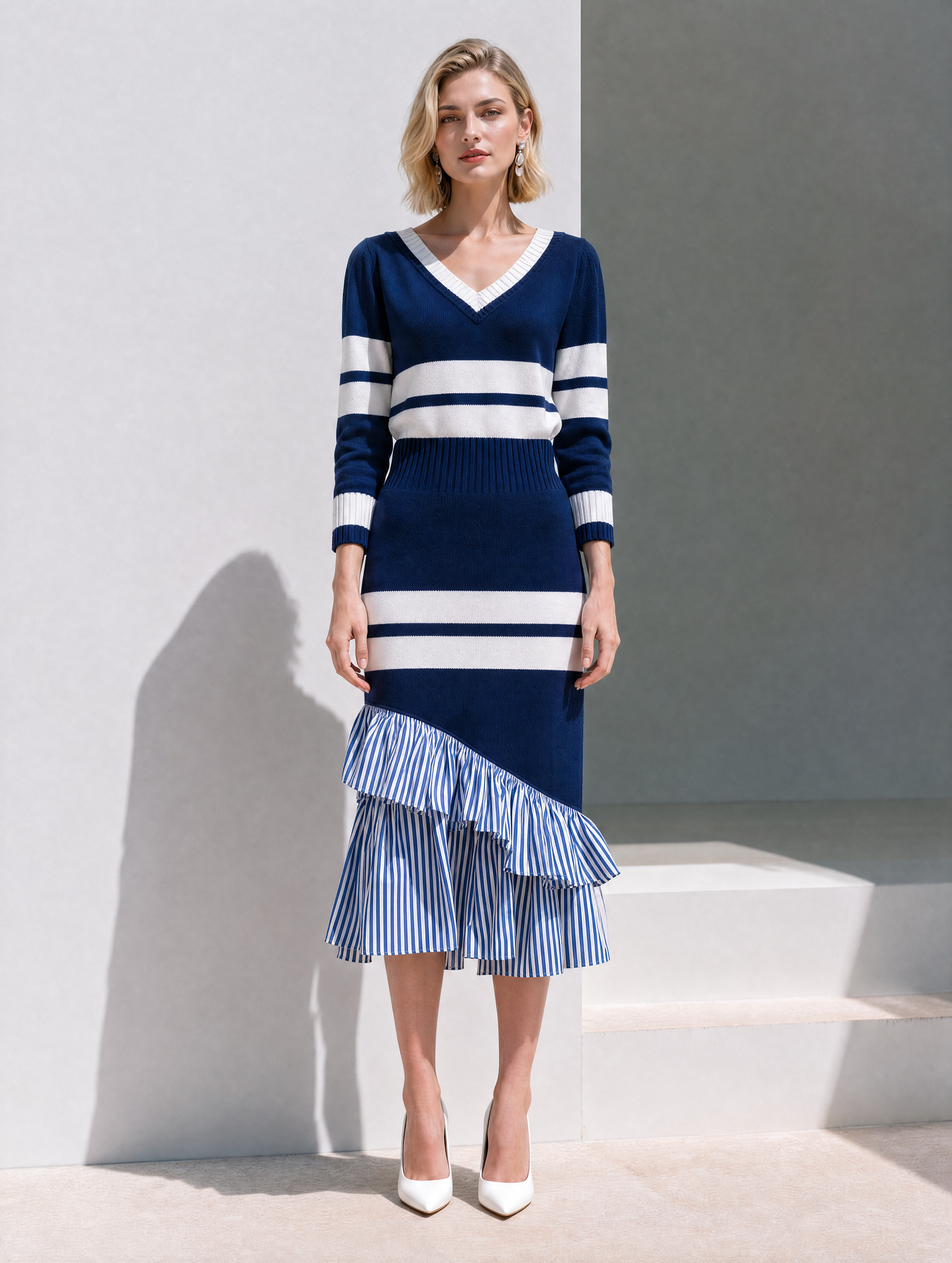 Navy Striped V-Neck Knit Midi Dress With Ruffled Hem
