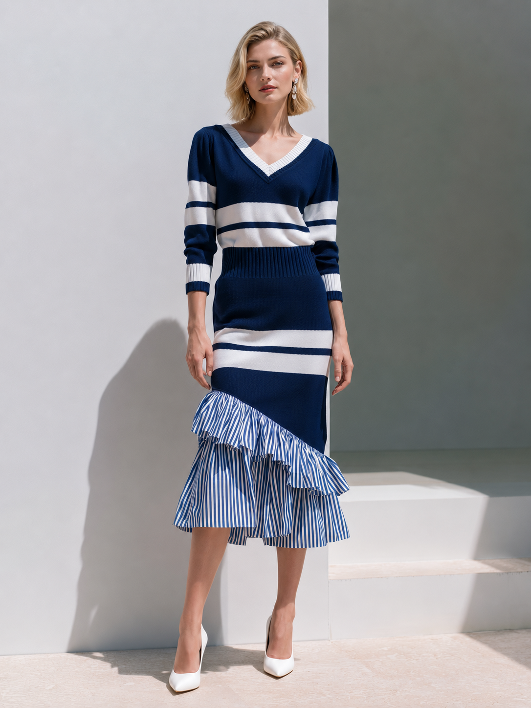 Navy Striped V-Neck Knit Midi Dress With Ruffled Hem