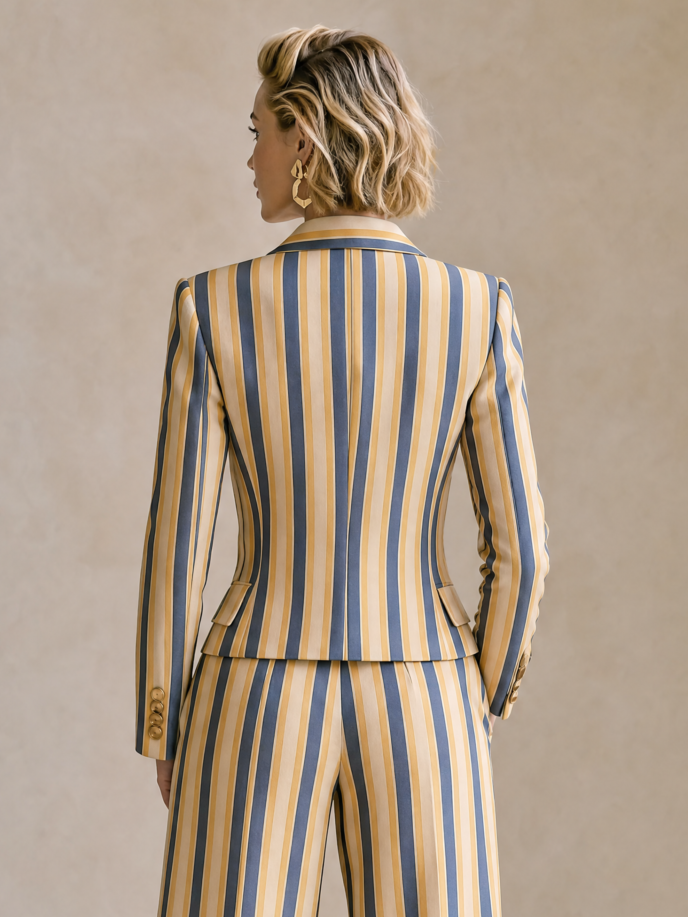 Elegant Navy & Yellow Striped Single-Breasted Blazer