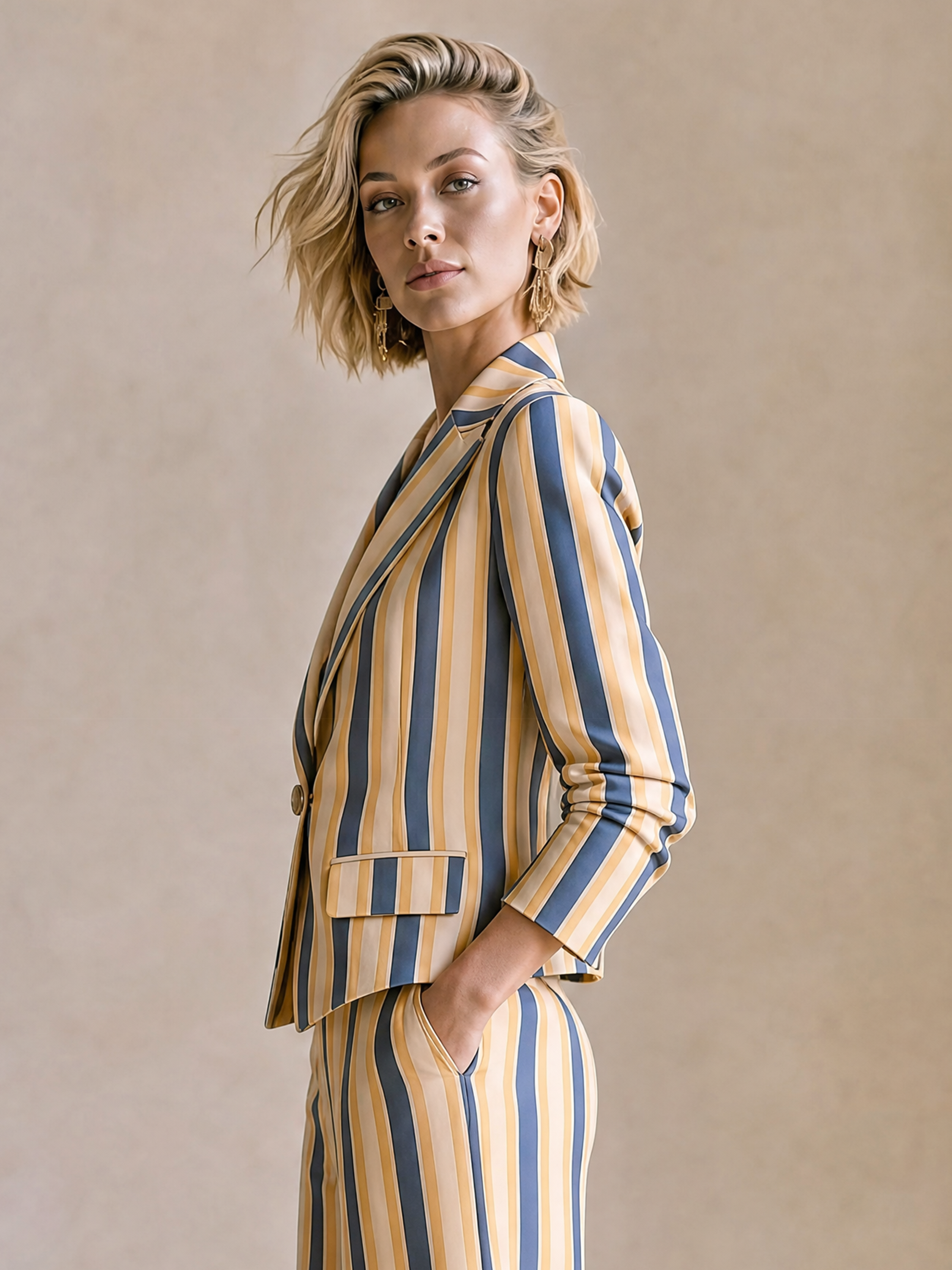 Elegant Navy & Yellow Striped Single-Breasted Blazer