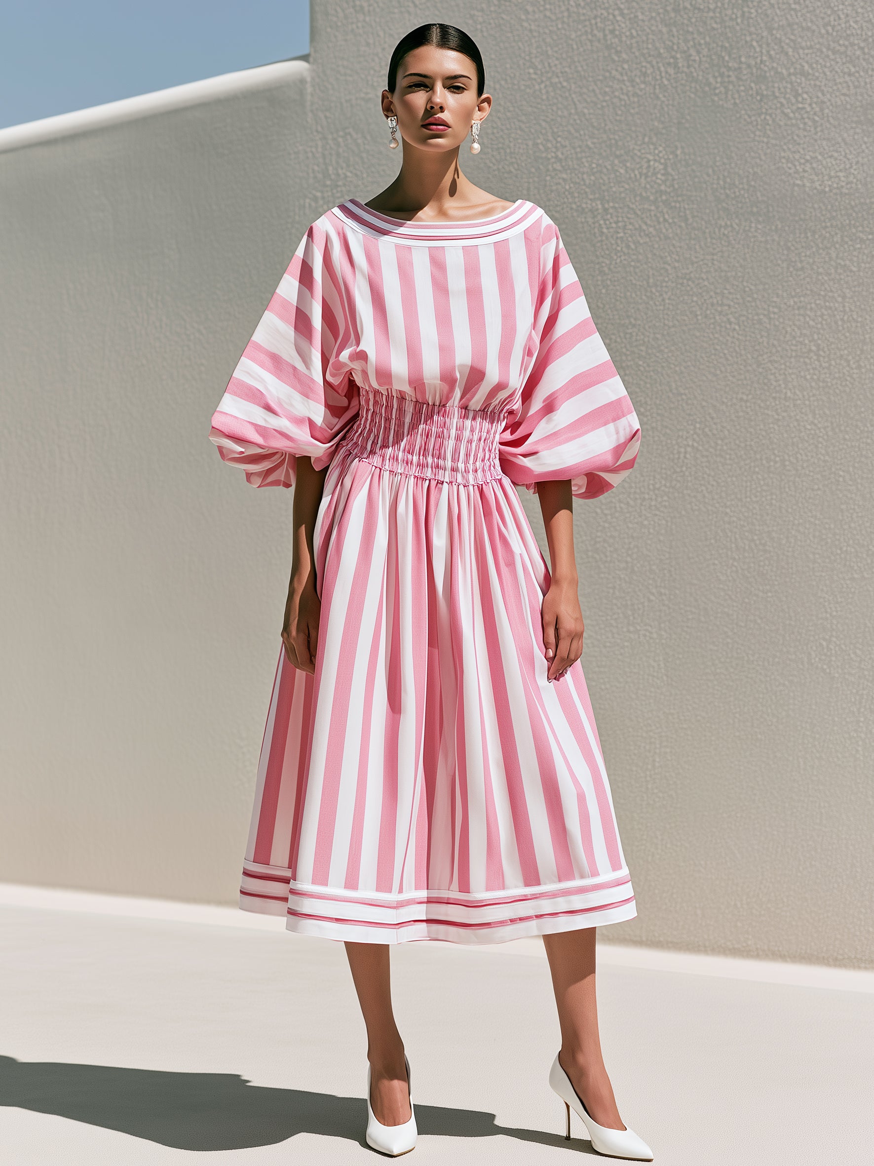 Pink Striped Smocked Waist Puff Sleeve Midi Dress