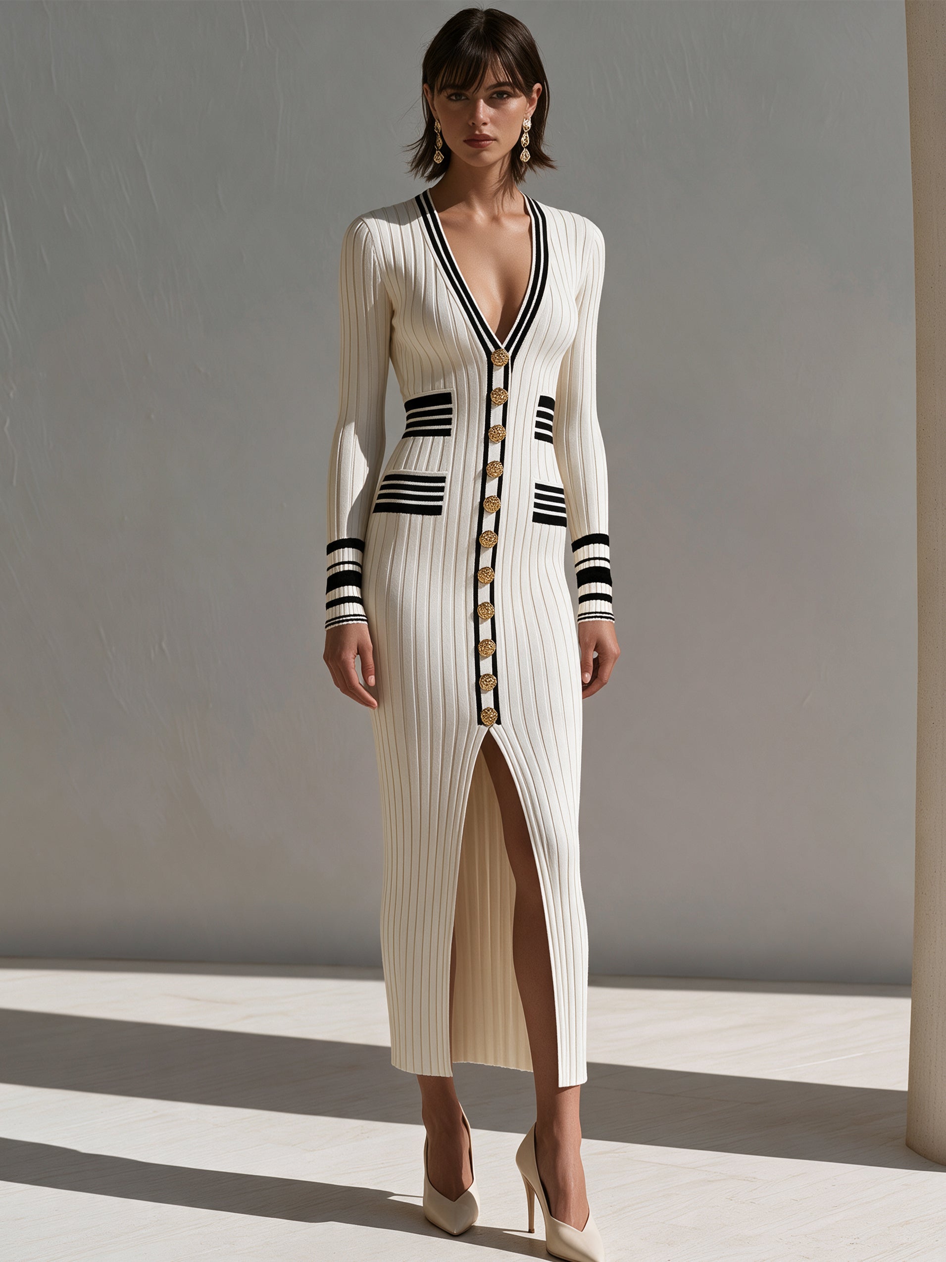 Ivory Contrast‑Stripe Trim Office & Resort Midi Dress