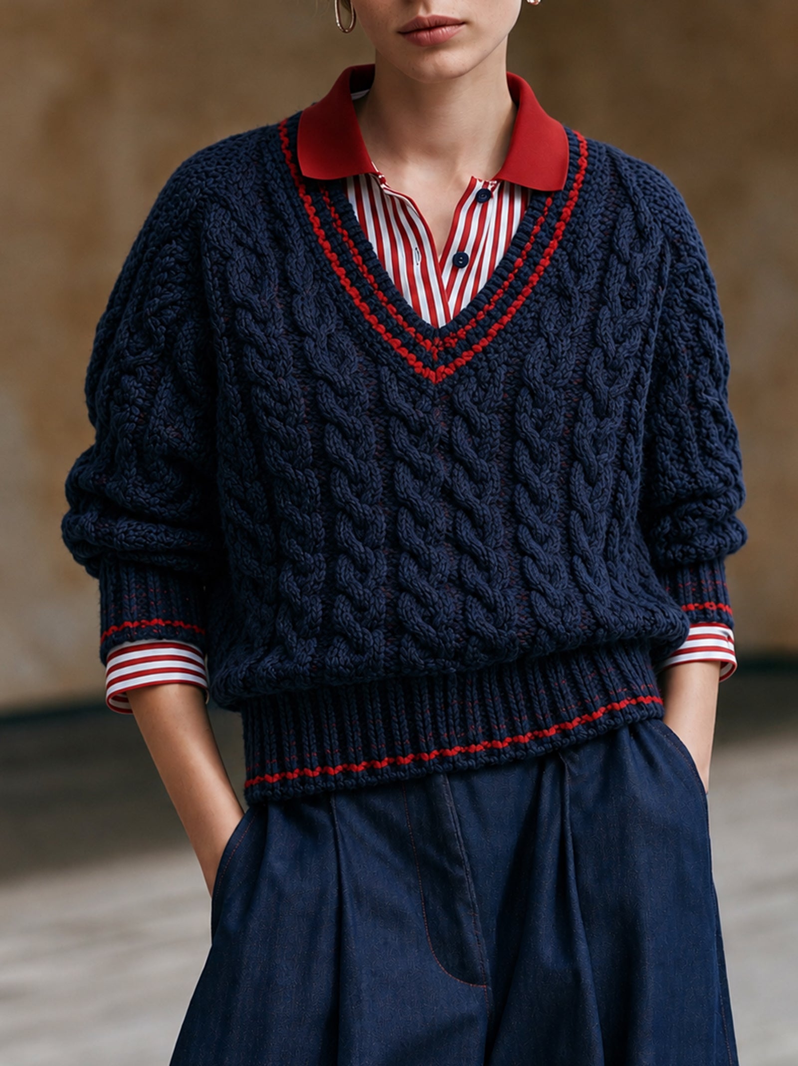 Navy Blue Cable Knit V-neck Sweater With A Layered Design