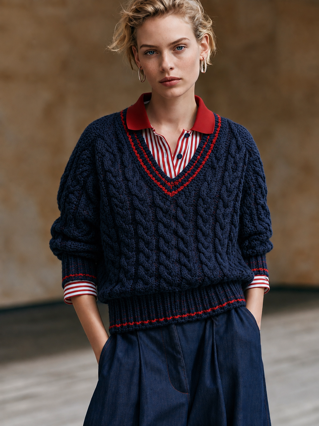 Navy Blue Cable Knit V-neck Sweater With A Layered Design