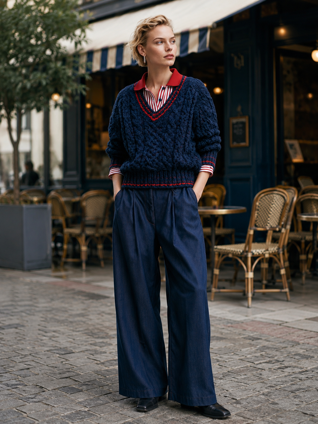 Navy Blue Cable Knit V-neck Sweater With A Layered Design
