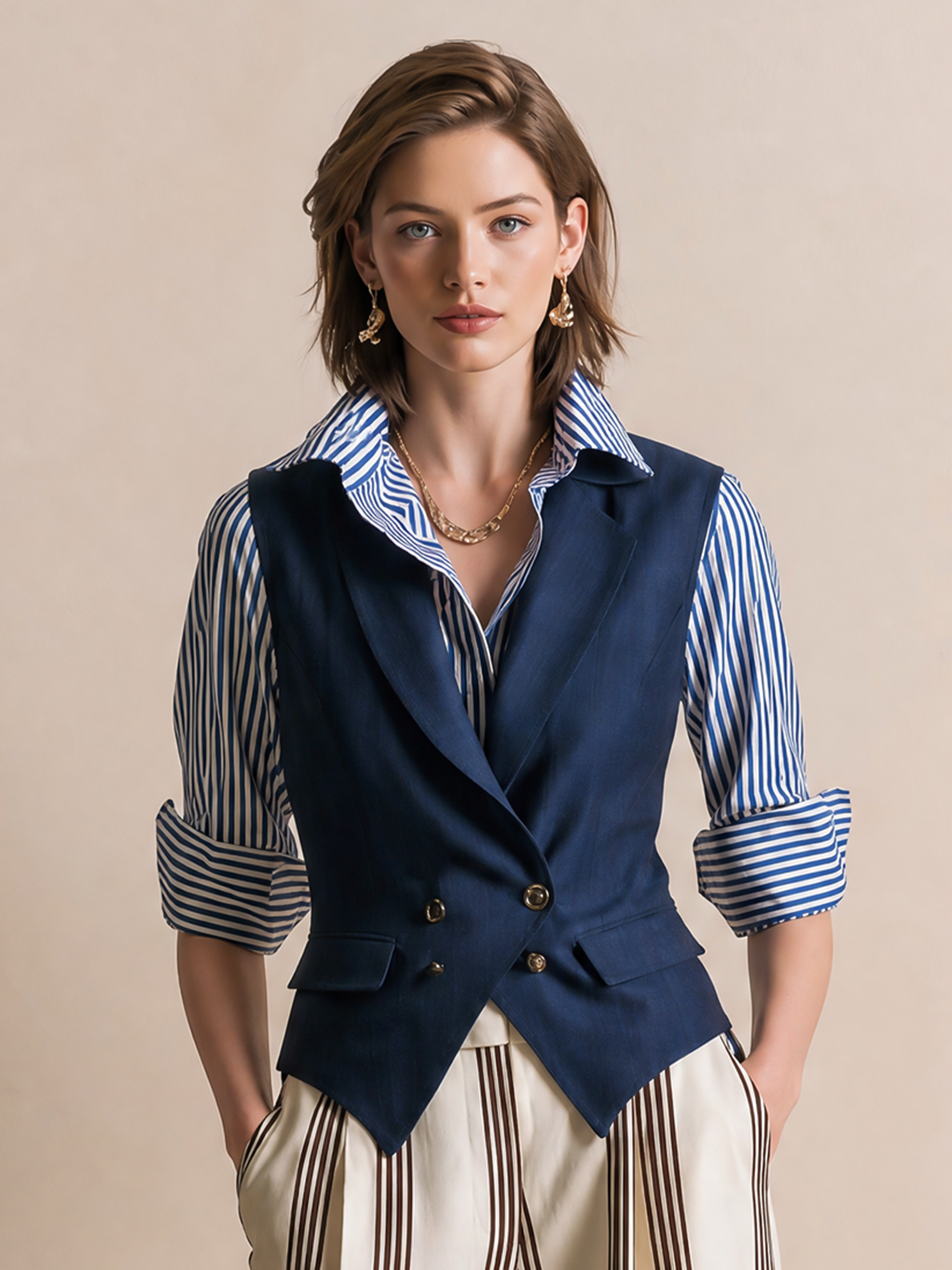 Elegant Navy Tailored Vest & Blue Striped Shirt Two-Piece Set