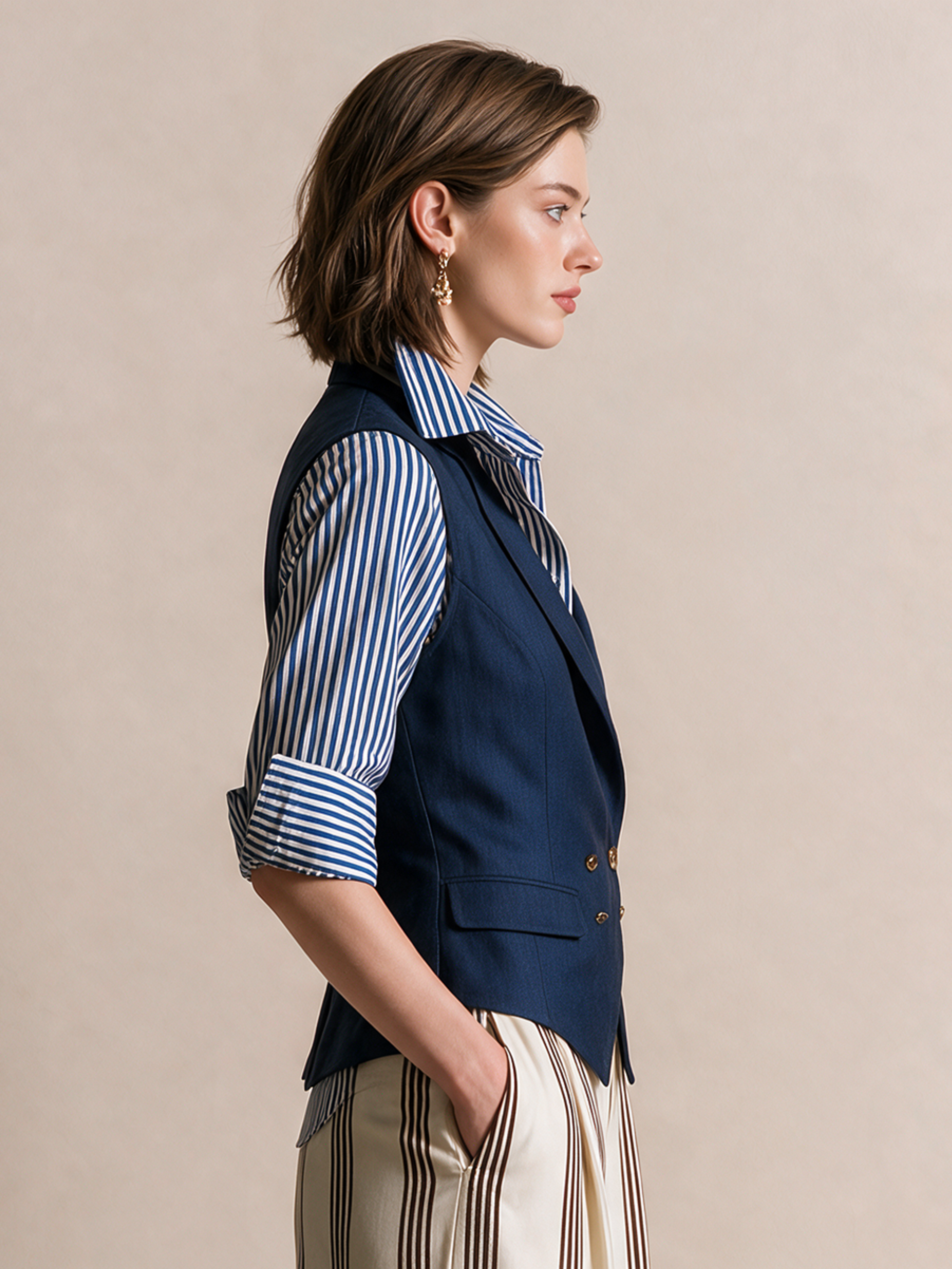 Elegant Navy Tailored Vest & Blue Striped Shirt Two-Piece Set
