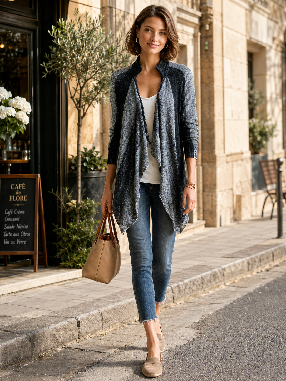 Grey Colorblock Open-Front Draped Knit Cardigan