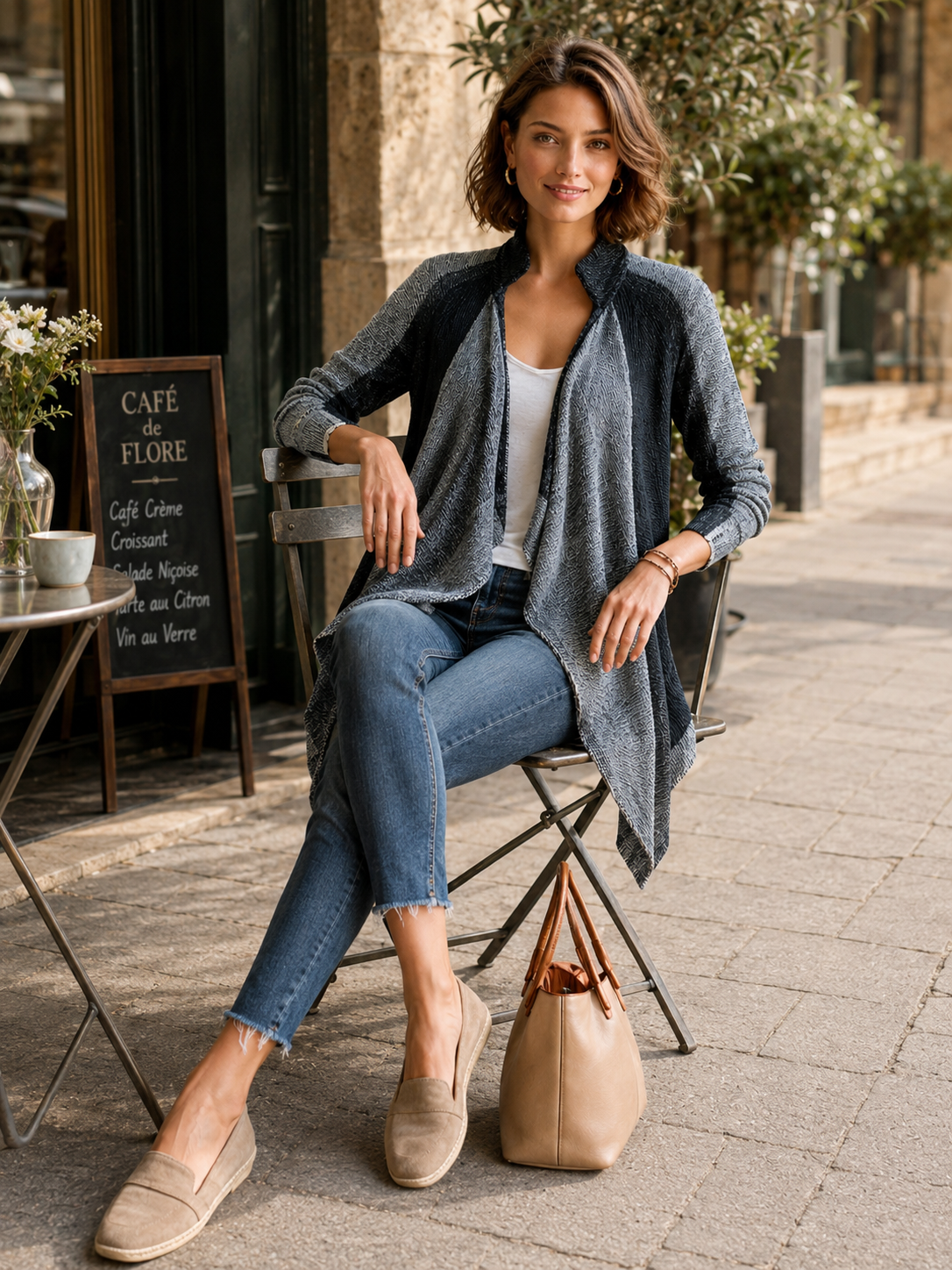Grey Colorblock Open-Front Draped Knit Cardigan
