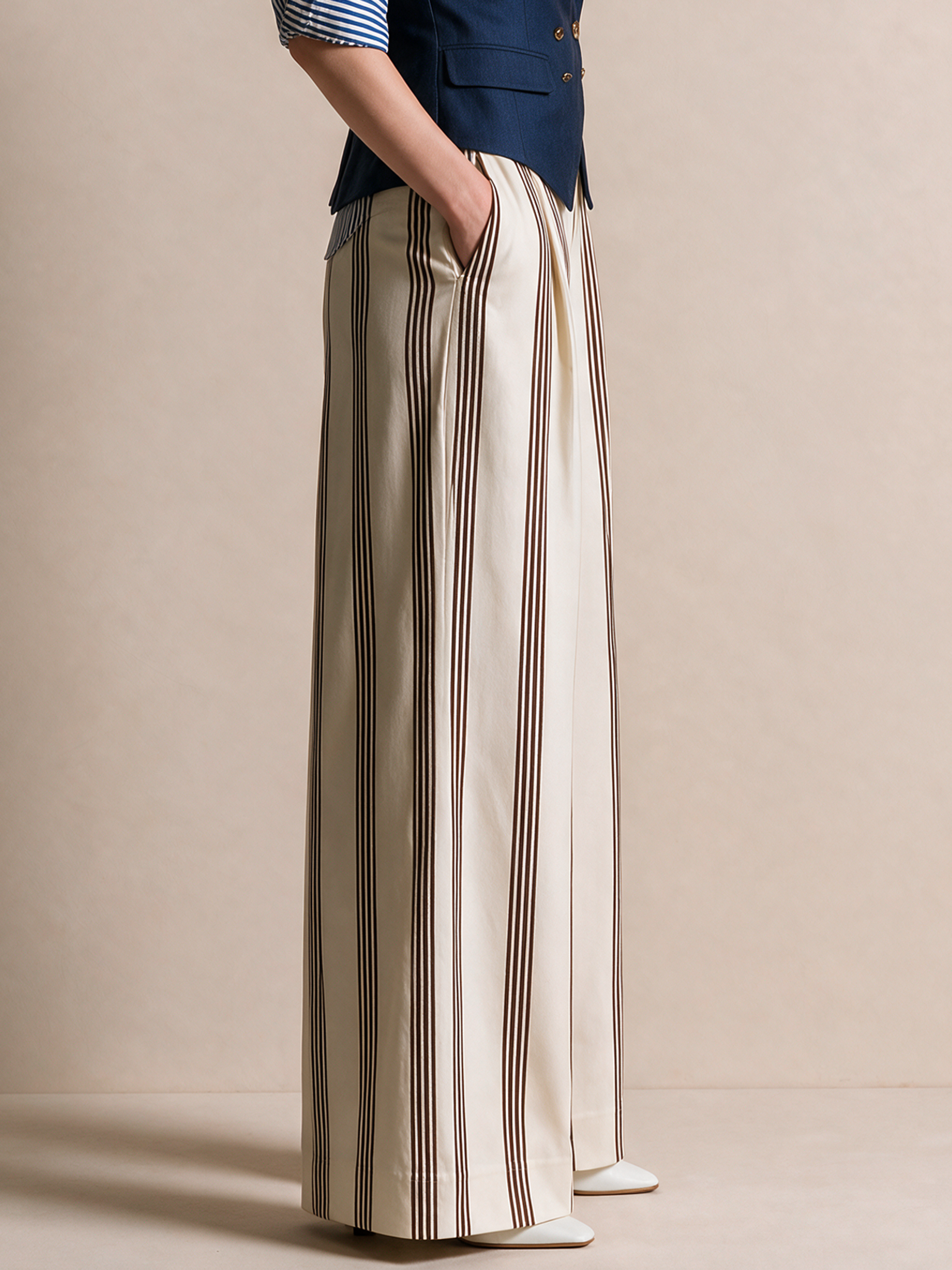 Elegant Ivory & Dark Brown Striped Wide-Leg Pants