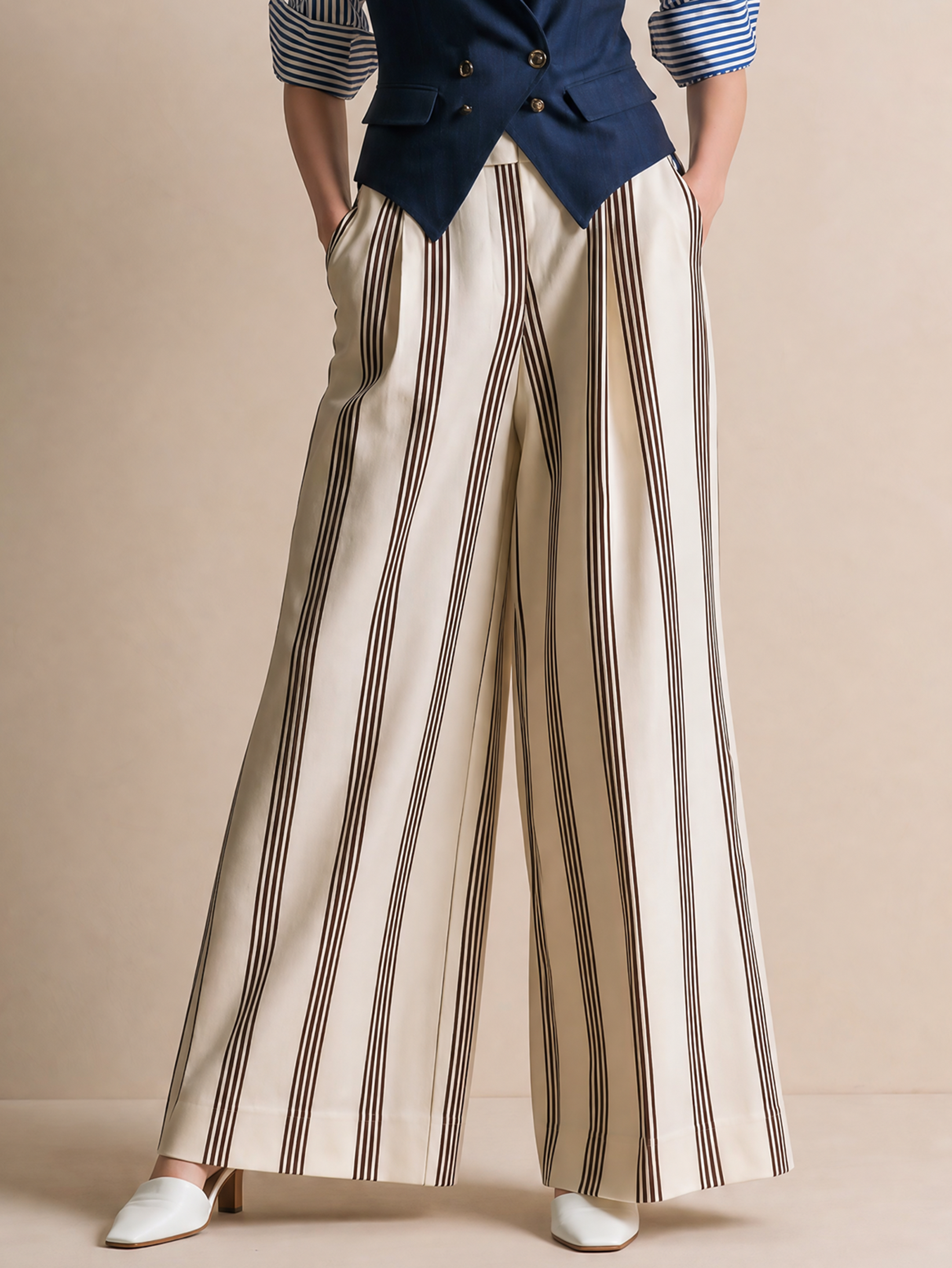 Elegant Ivory & Dark Brown Striped Wide-Leg Pants