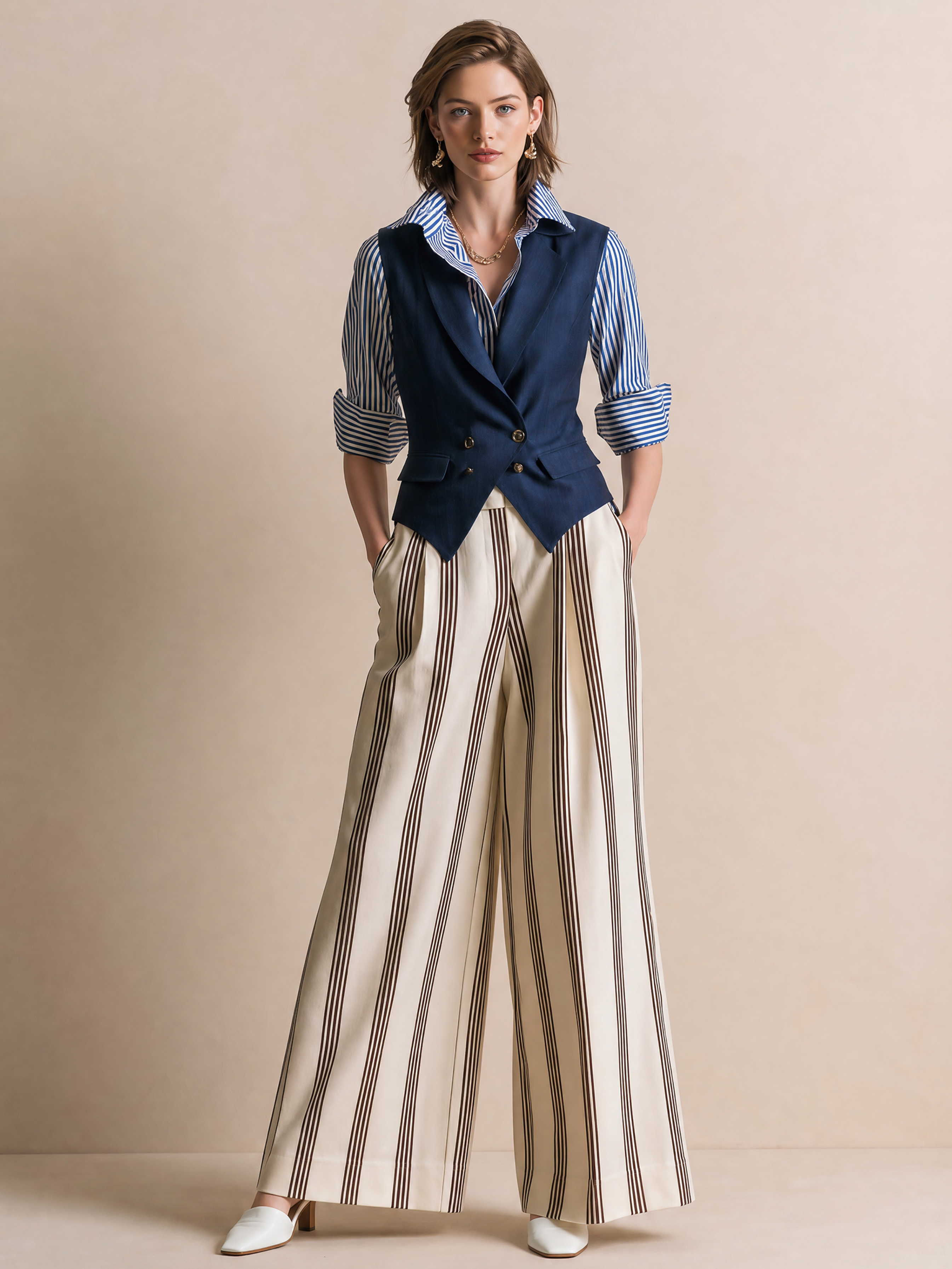Elegant Ivory & Dark Brown Striped Wide-Leg Pants