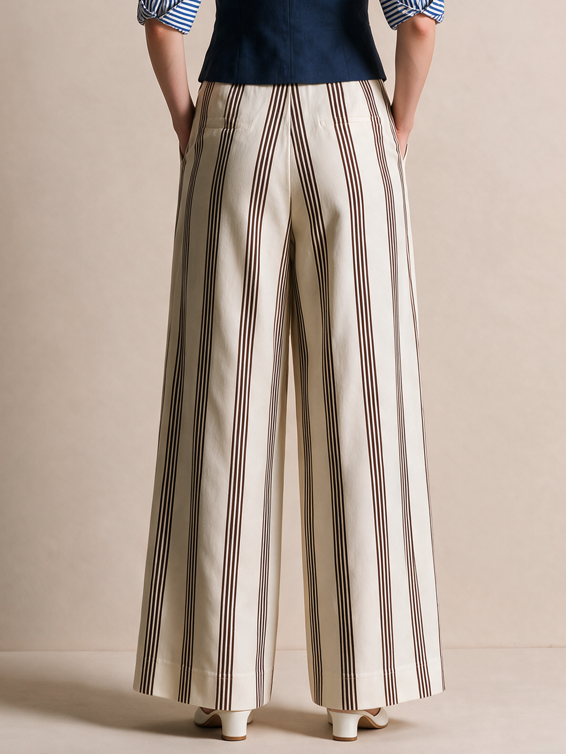 Elegant Ivory & Dark Brown Striped Wide-Leg Pants
