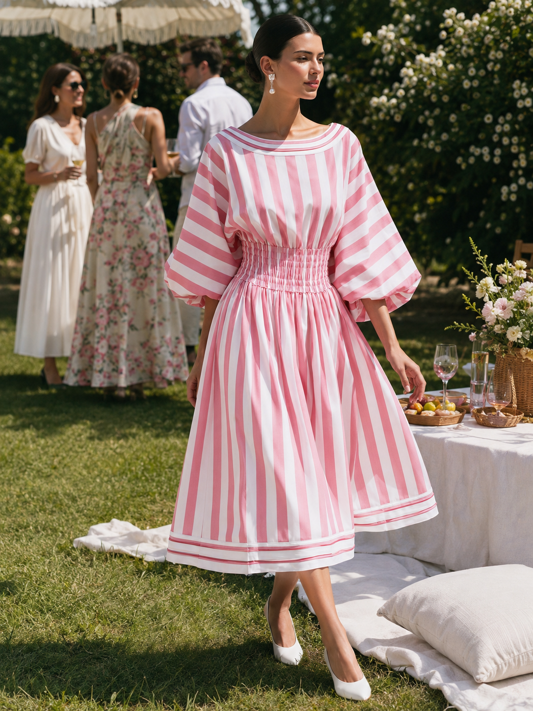 Pink Striped Smocked Waist Puff Sleeve Midi Dress