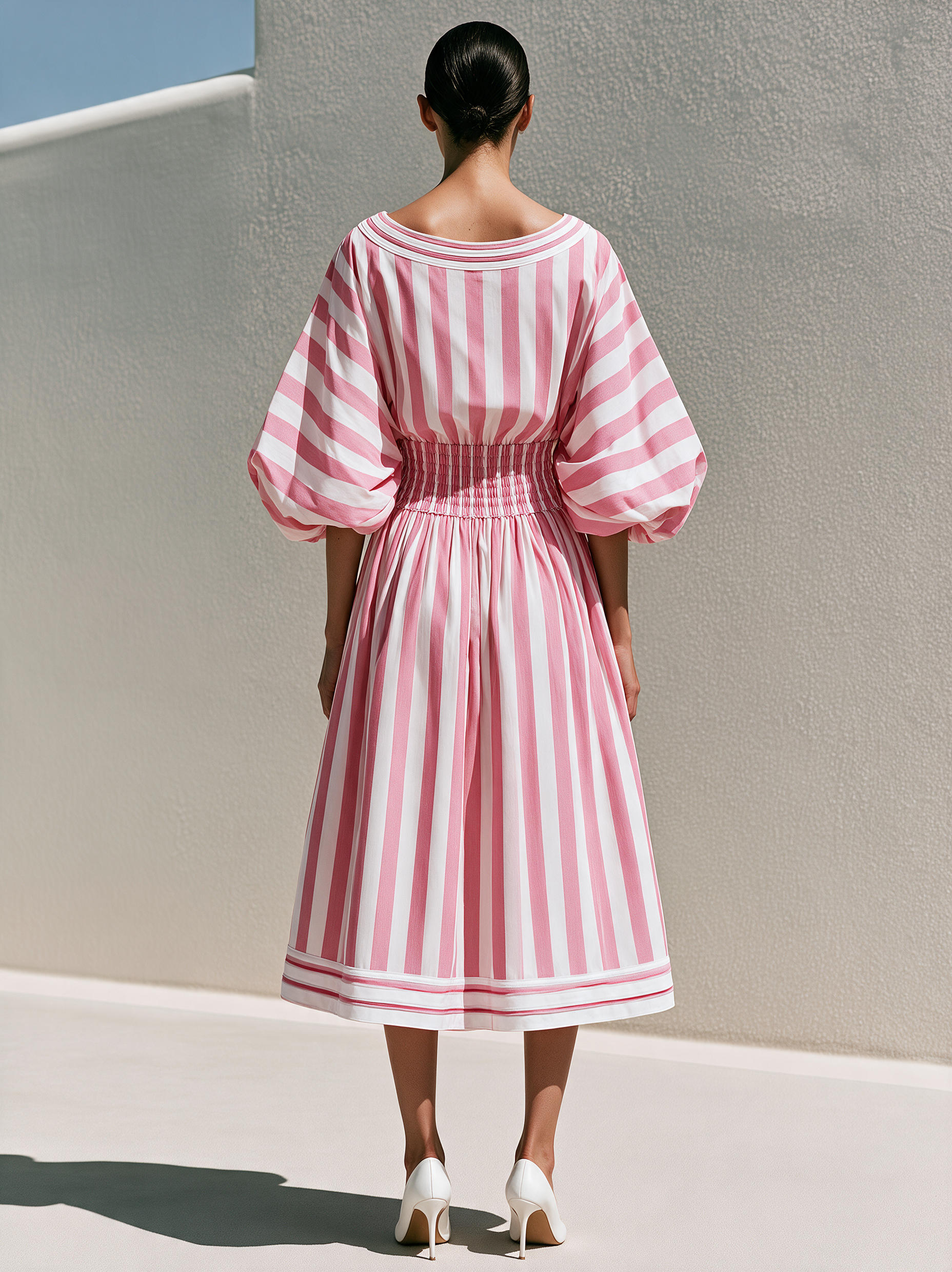 Pink Striped Smocked Waist Puff Sleeve Midi Dress
