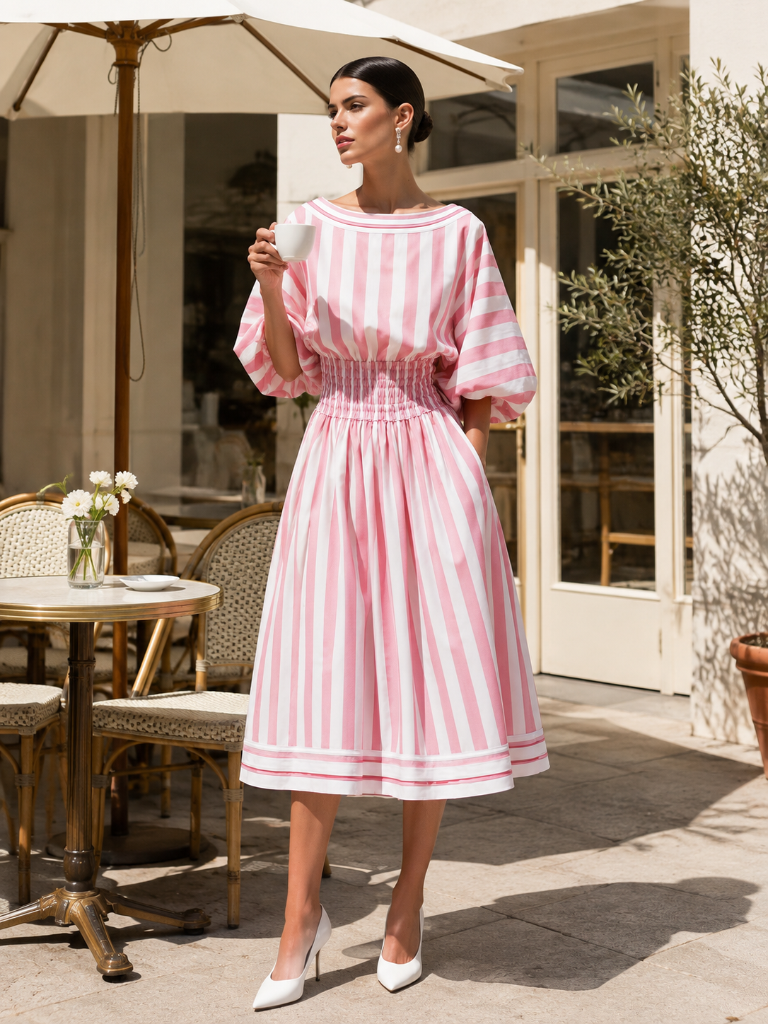 Pink Striped Smocked Waist Puff Sleeve Midi Dress