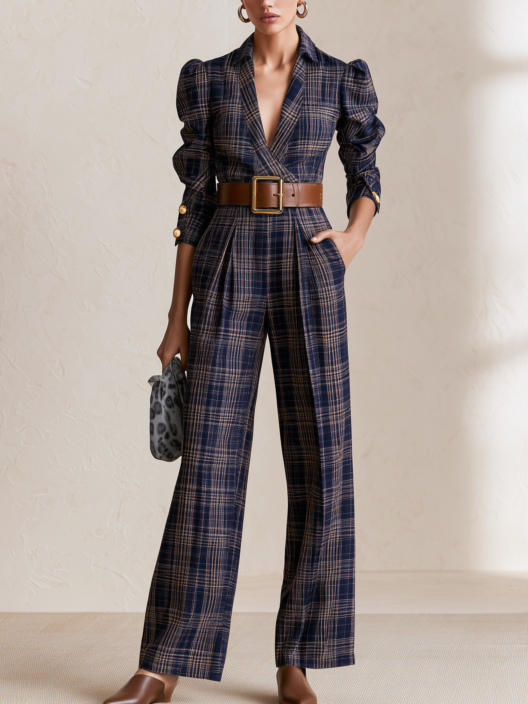 Navy Plaid Collared Wrap Belted Wide‑Leg Jumpsuit
