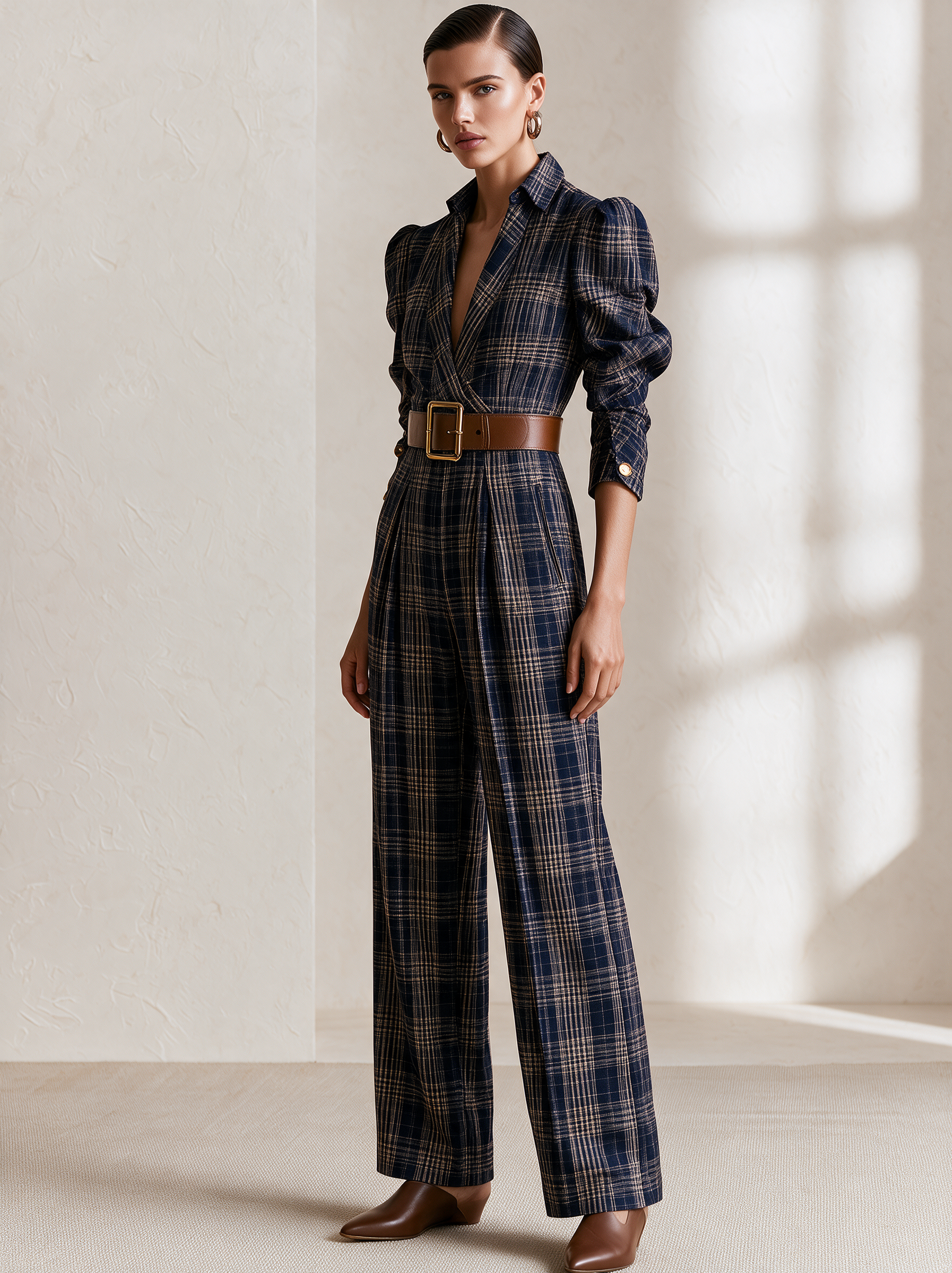 Navy Plaid Collared Wrap Belted Wide‑Leg Jumpsuit