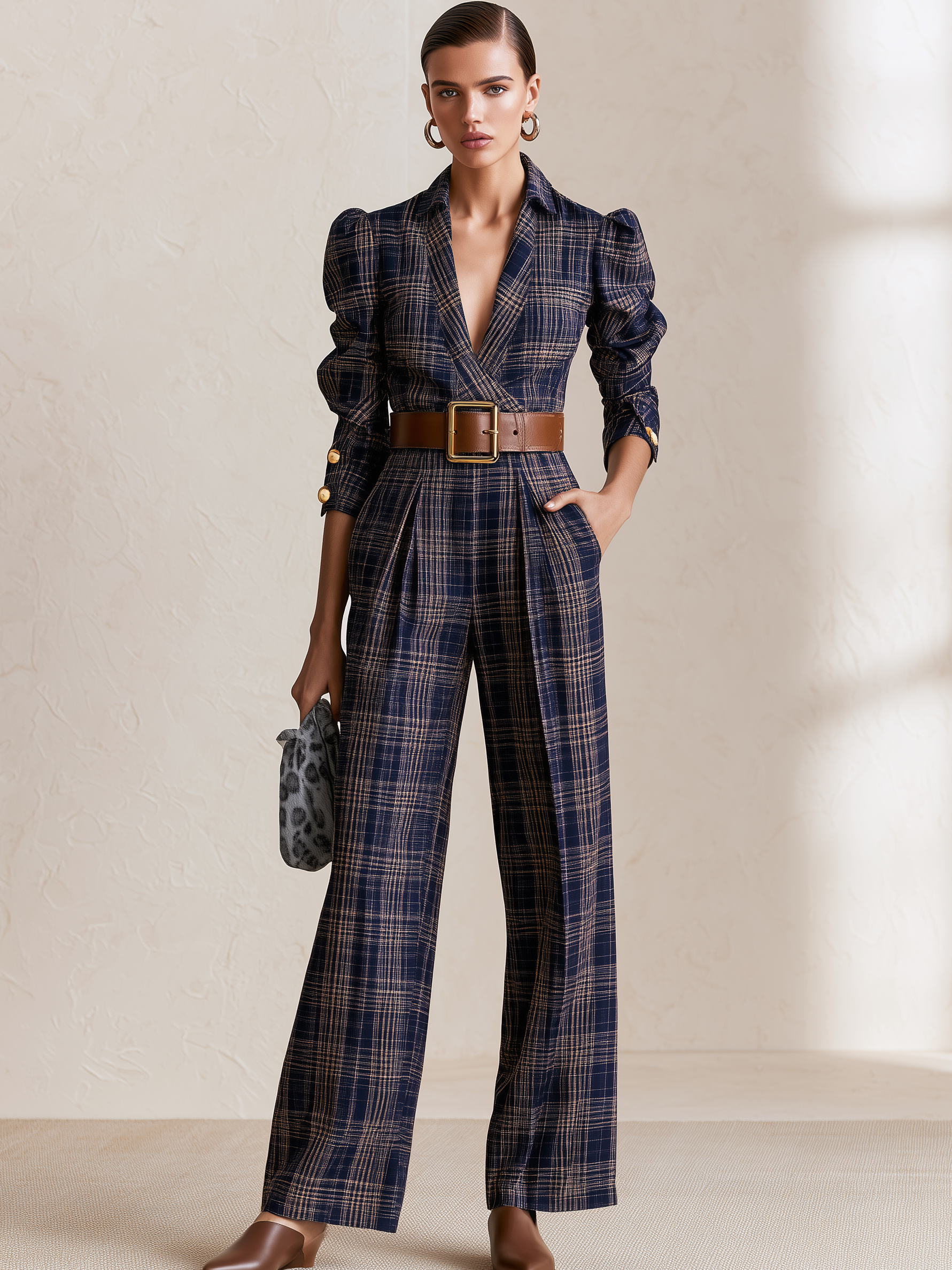 Navy Plaid Collared Wrap Belted Wide‑Leg Jumpsuit