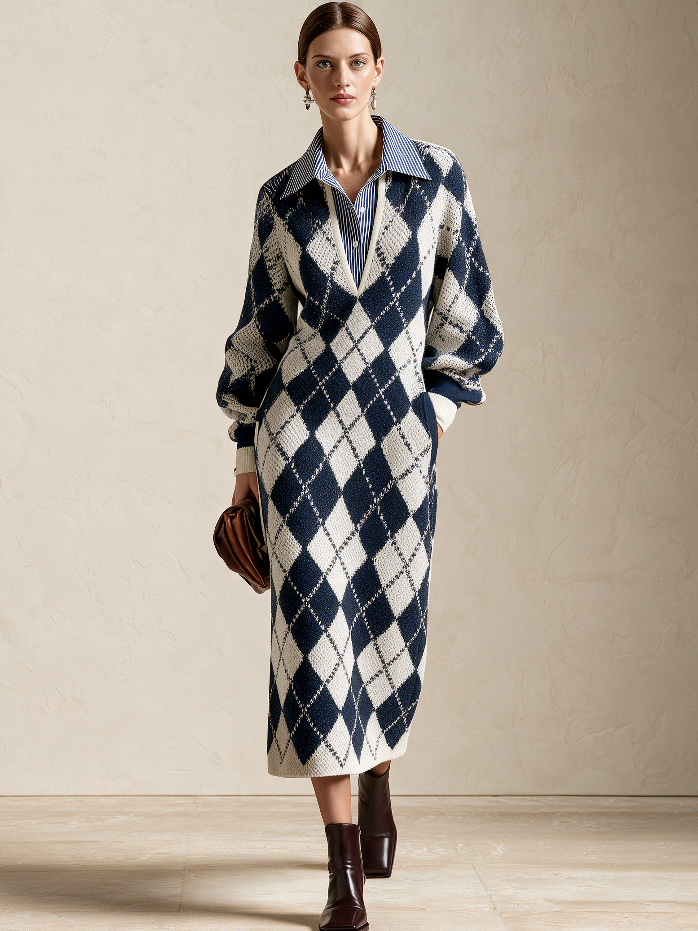 Argyle Faux Two‑Piece Collared V‑Neck Midi Knit Dress