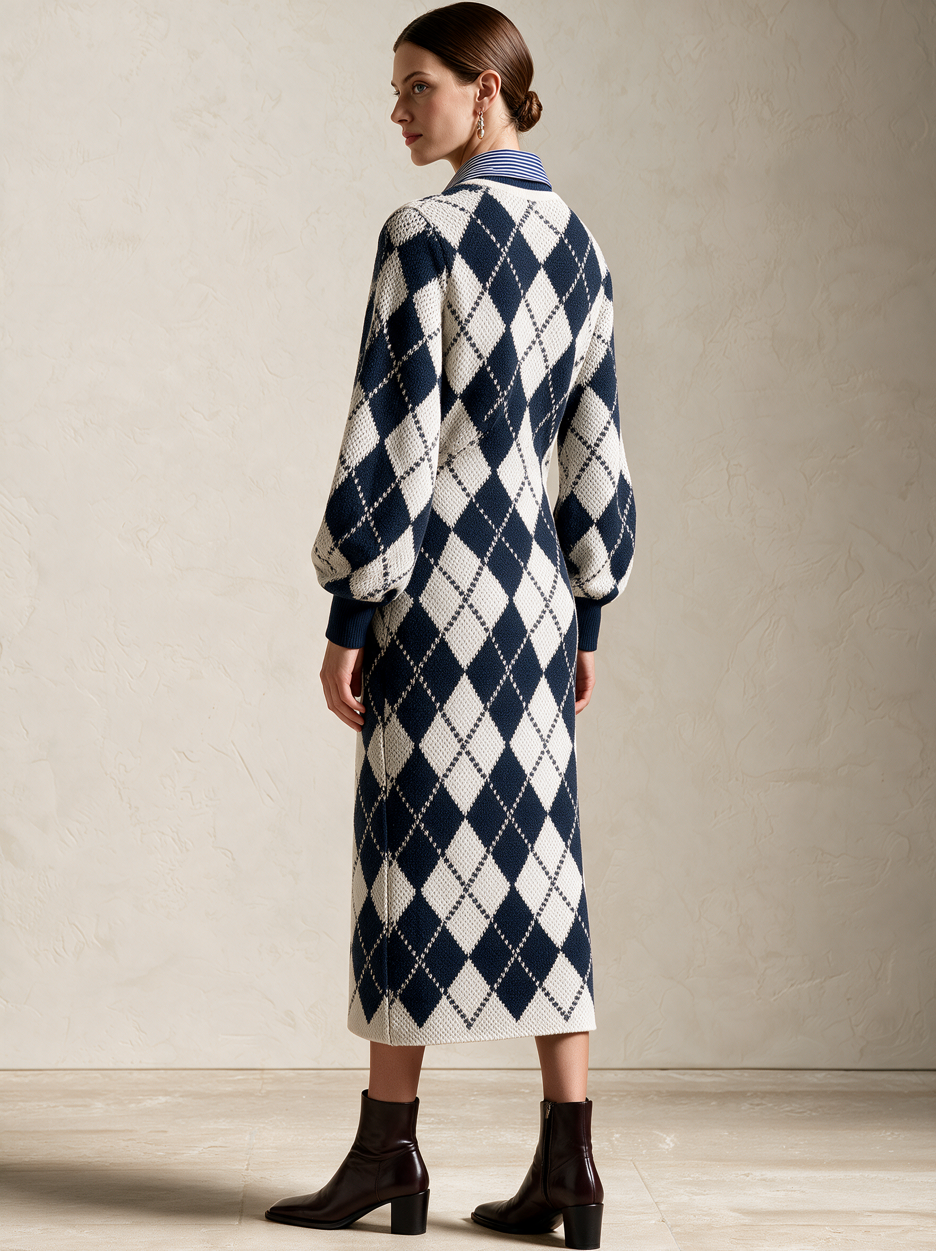 Argyle Faux Two‑Piece Collared V‑Neck Midi Knit Dress
