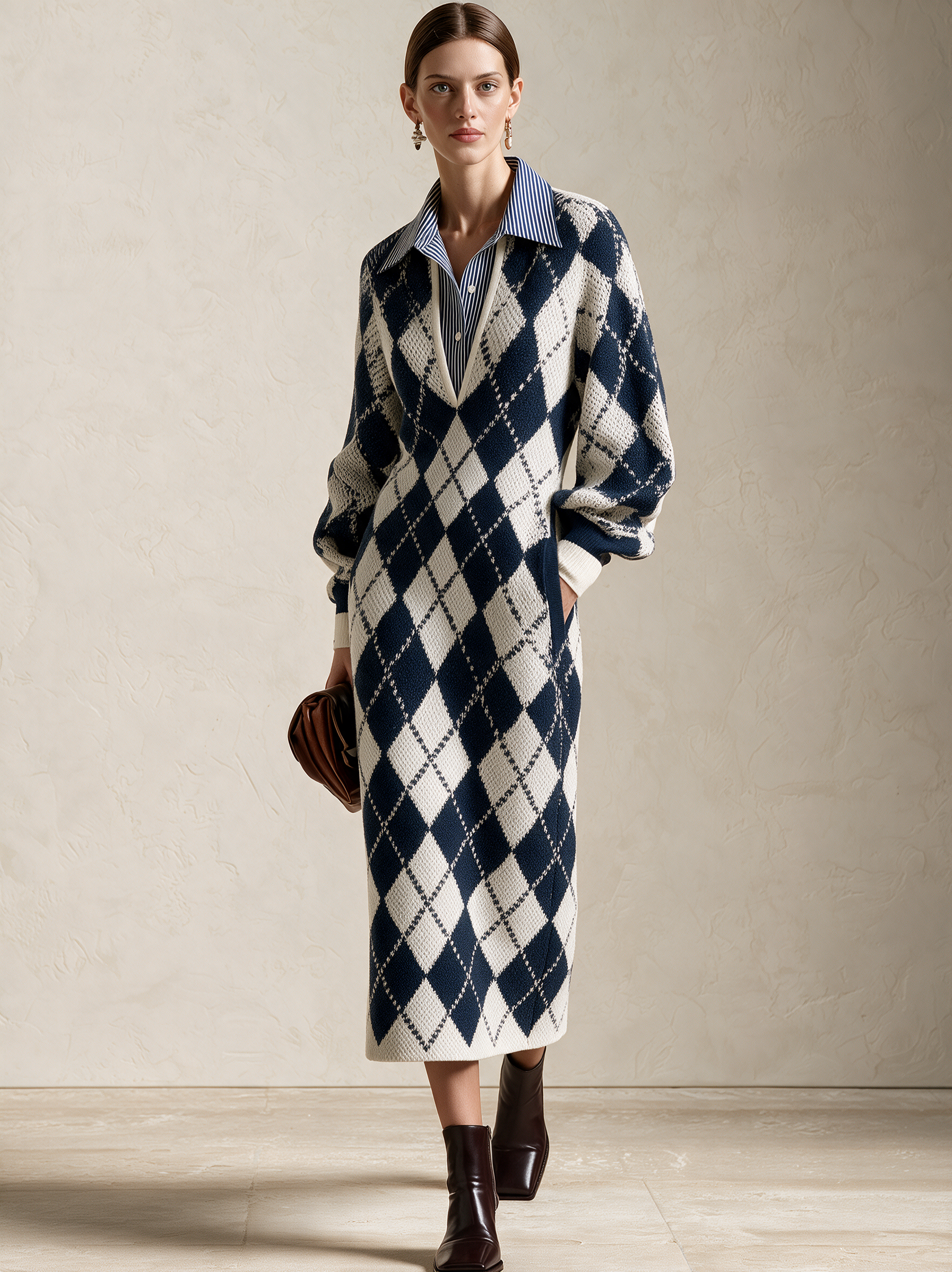 Argyle Faux Two‑Piece Collared V‑Neck Midi Knit Dress