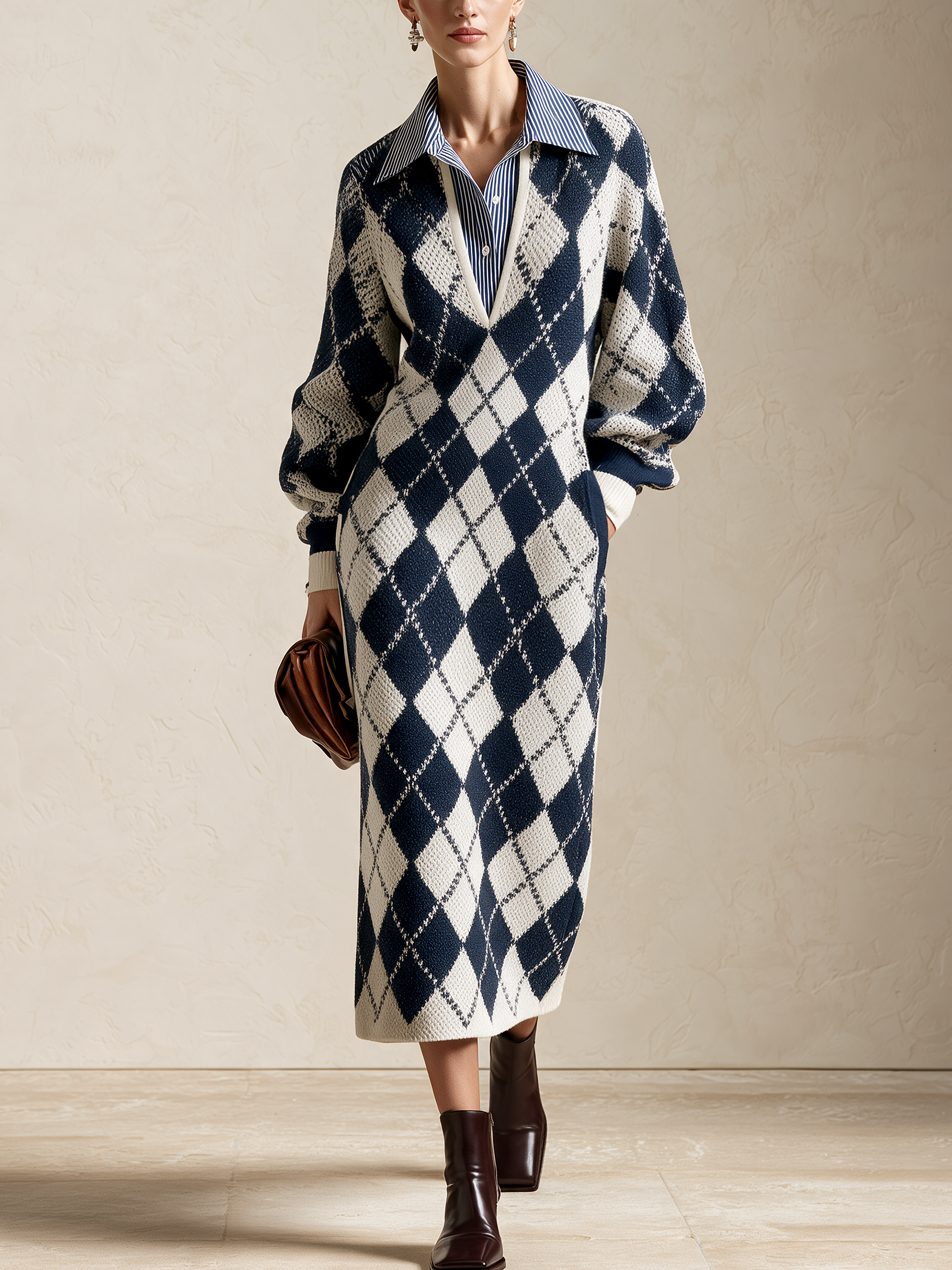Argyle Faux Two‑Piece Collared V‑Neck Midi Knit Dress