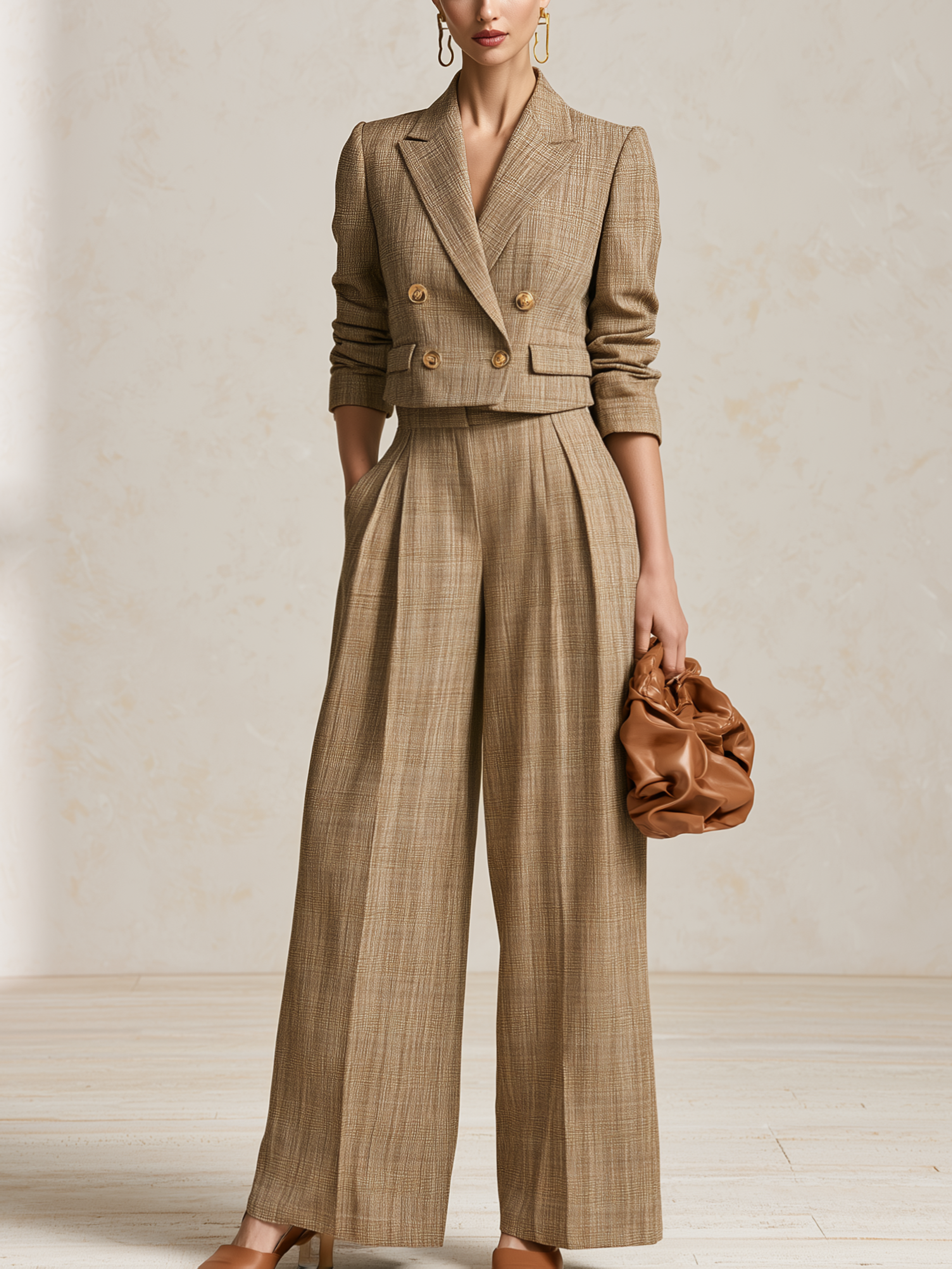 Khaki Plaid Cropped Double‑Breasted Suit Two‑Piece Set