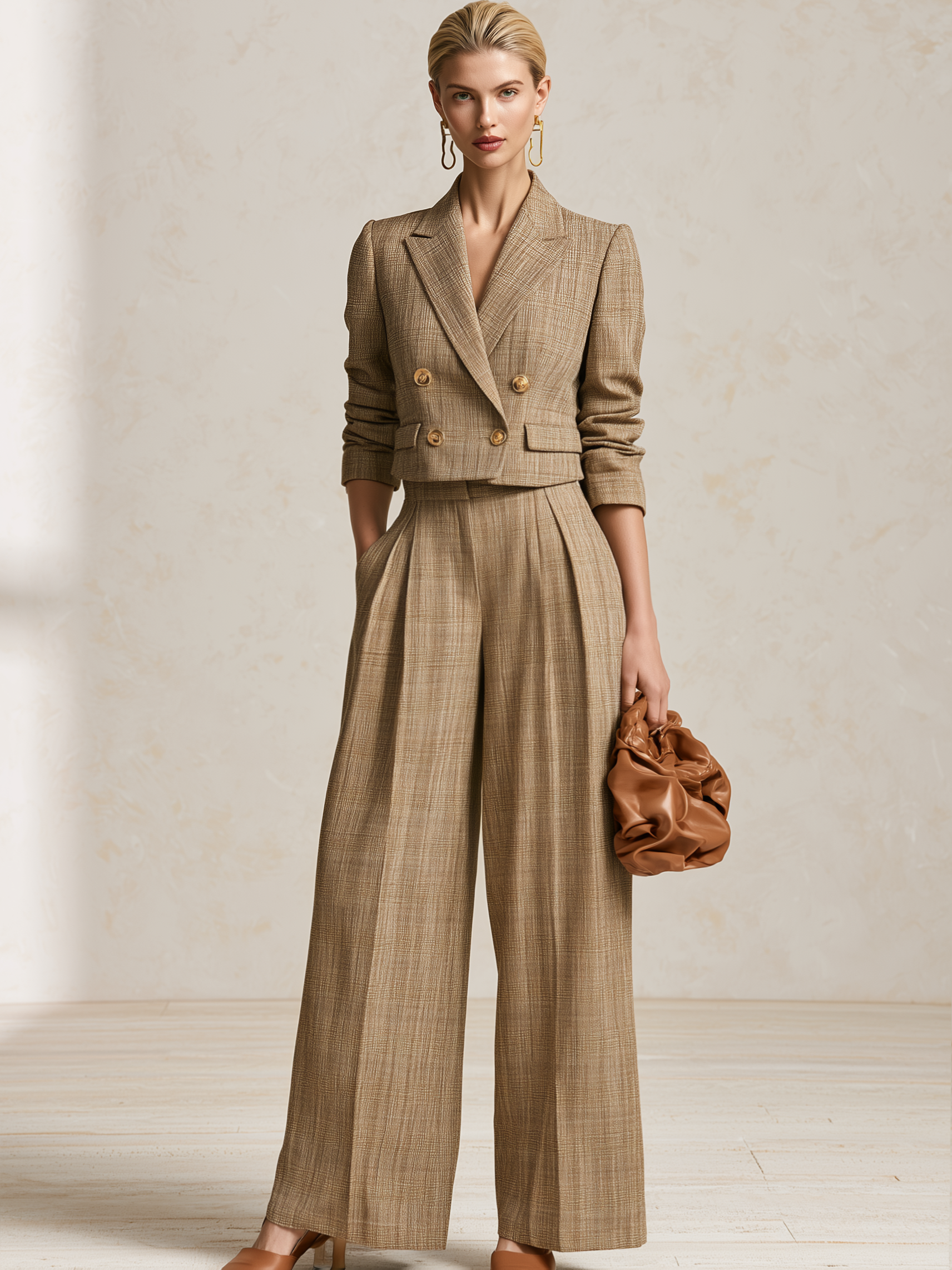 Khaki Plaid Cropped Double‑Breasted Suit Two‑Piece Set