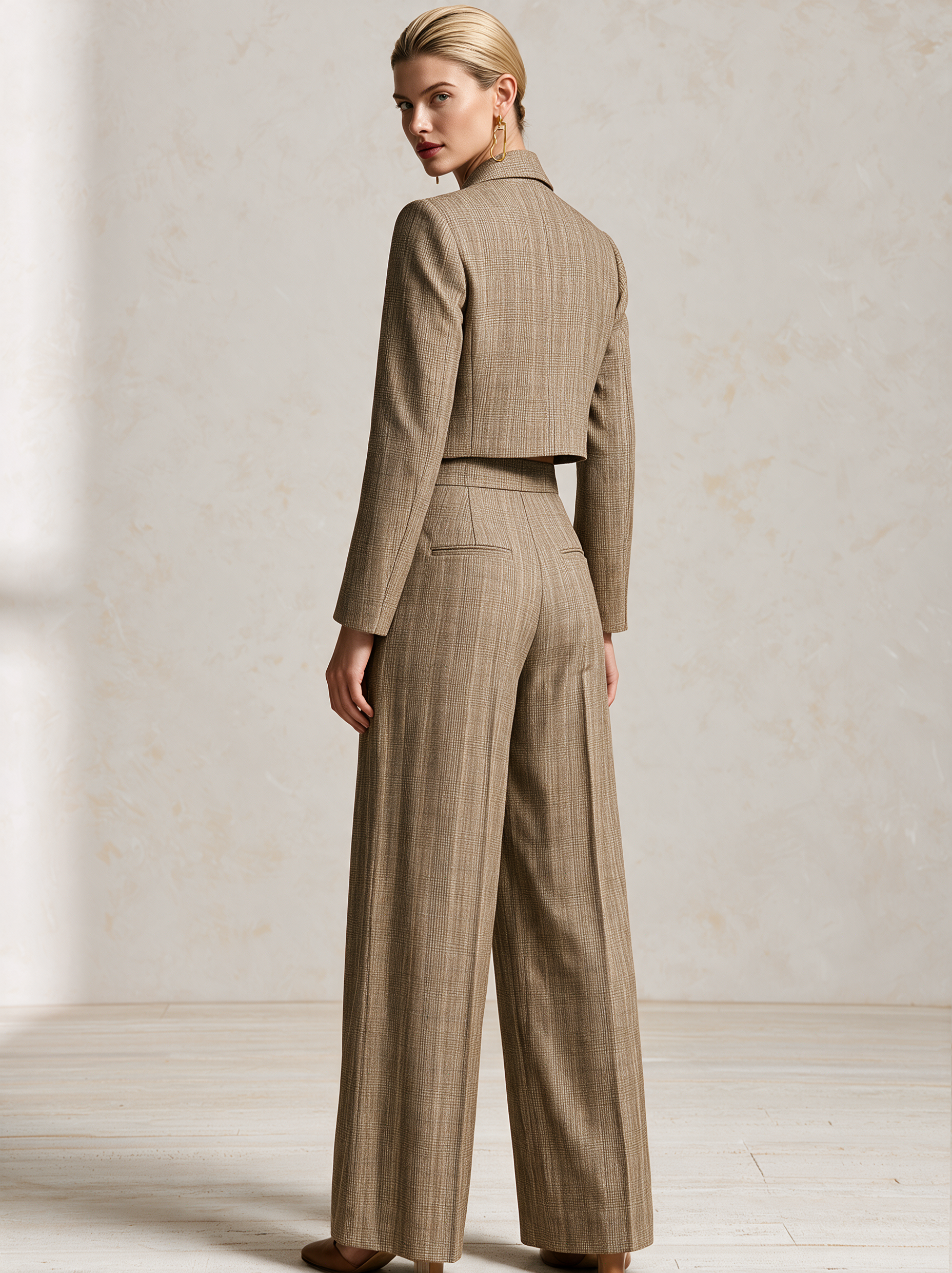 Khaki Plaid Cropped Double‑Breasted Suit Two‑Piece Set