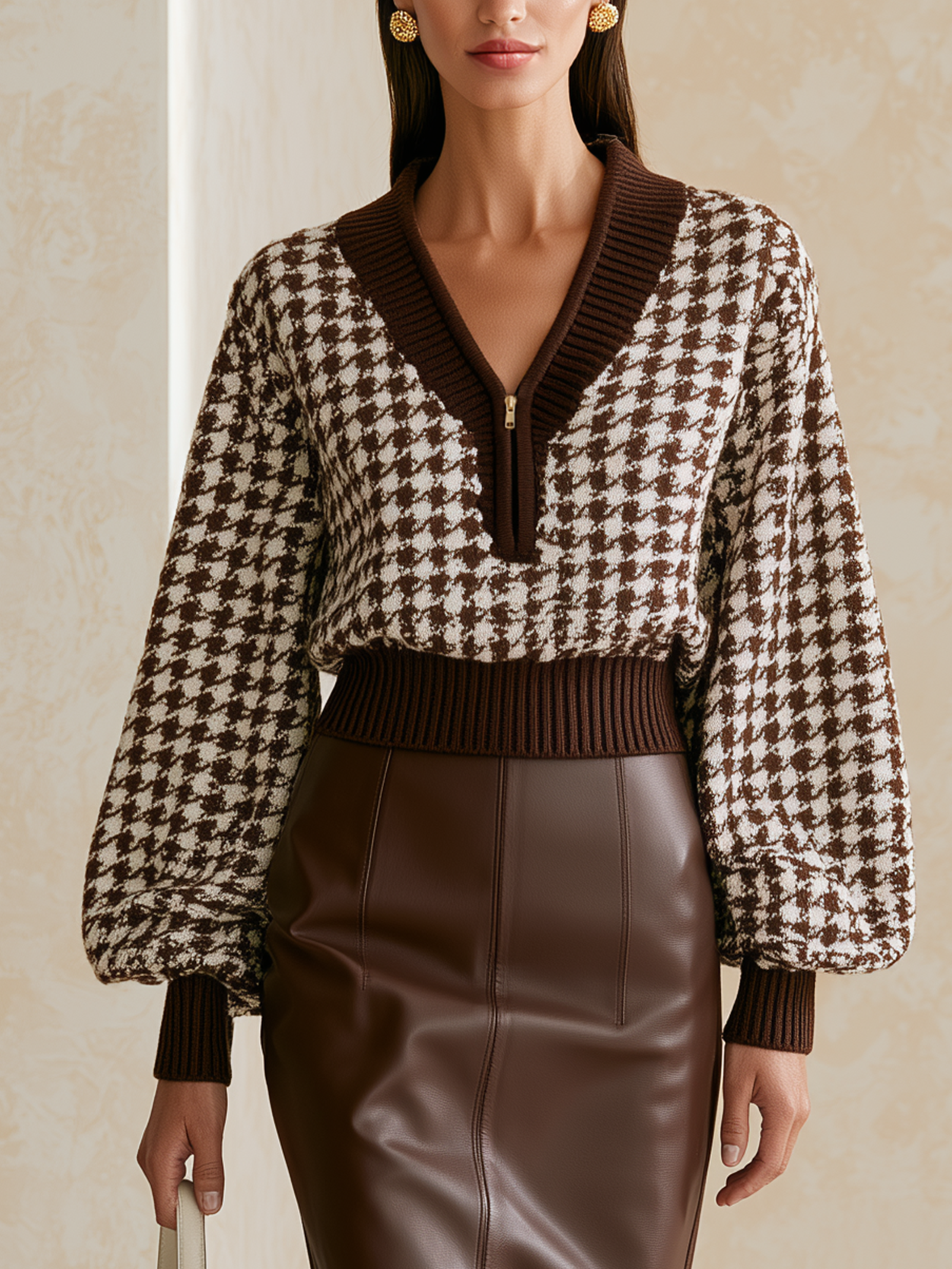Brown‑White Houndstooth Half‑Zip V‑Neck Lantern‑Sleeve Sweater