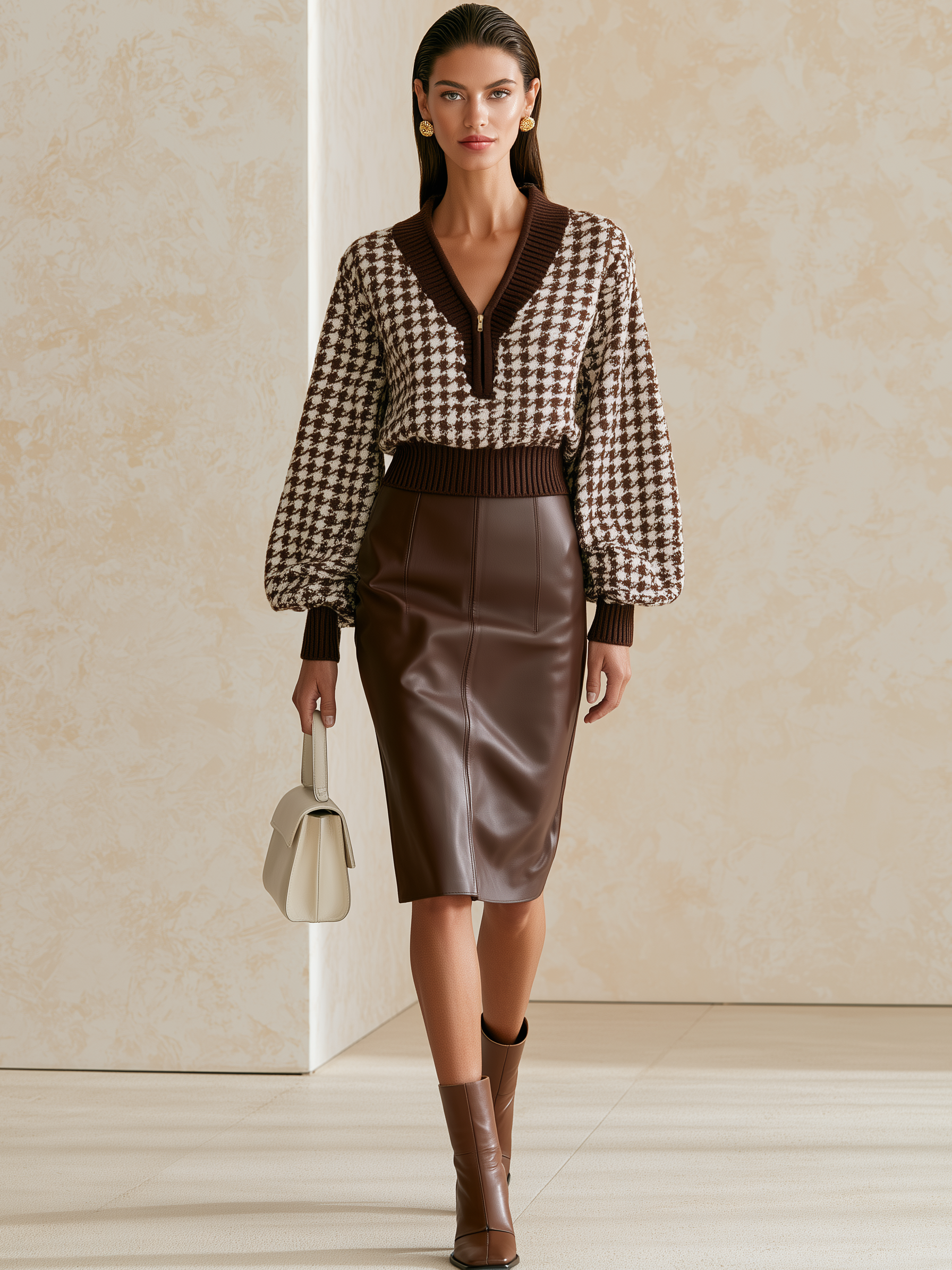 Dark Seamed High‑Waist Midi Pencil Skirt