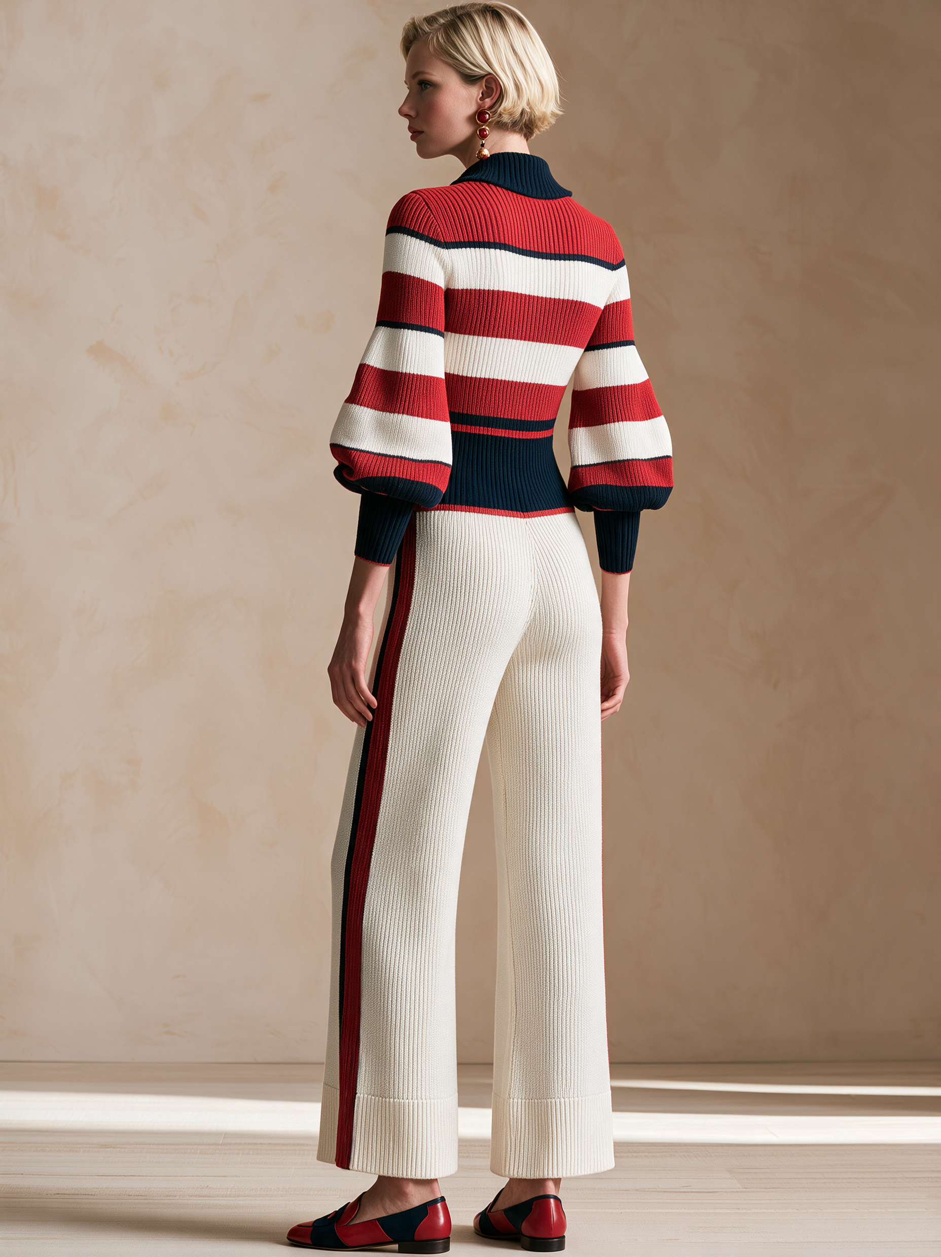 Color‑Block Stripe Half‑Zip Collared Knit Wide‑Leg Jumpsuit