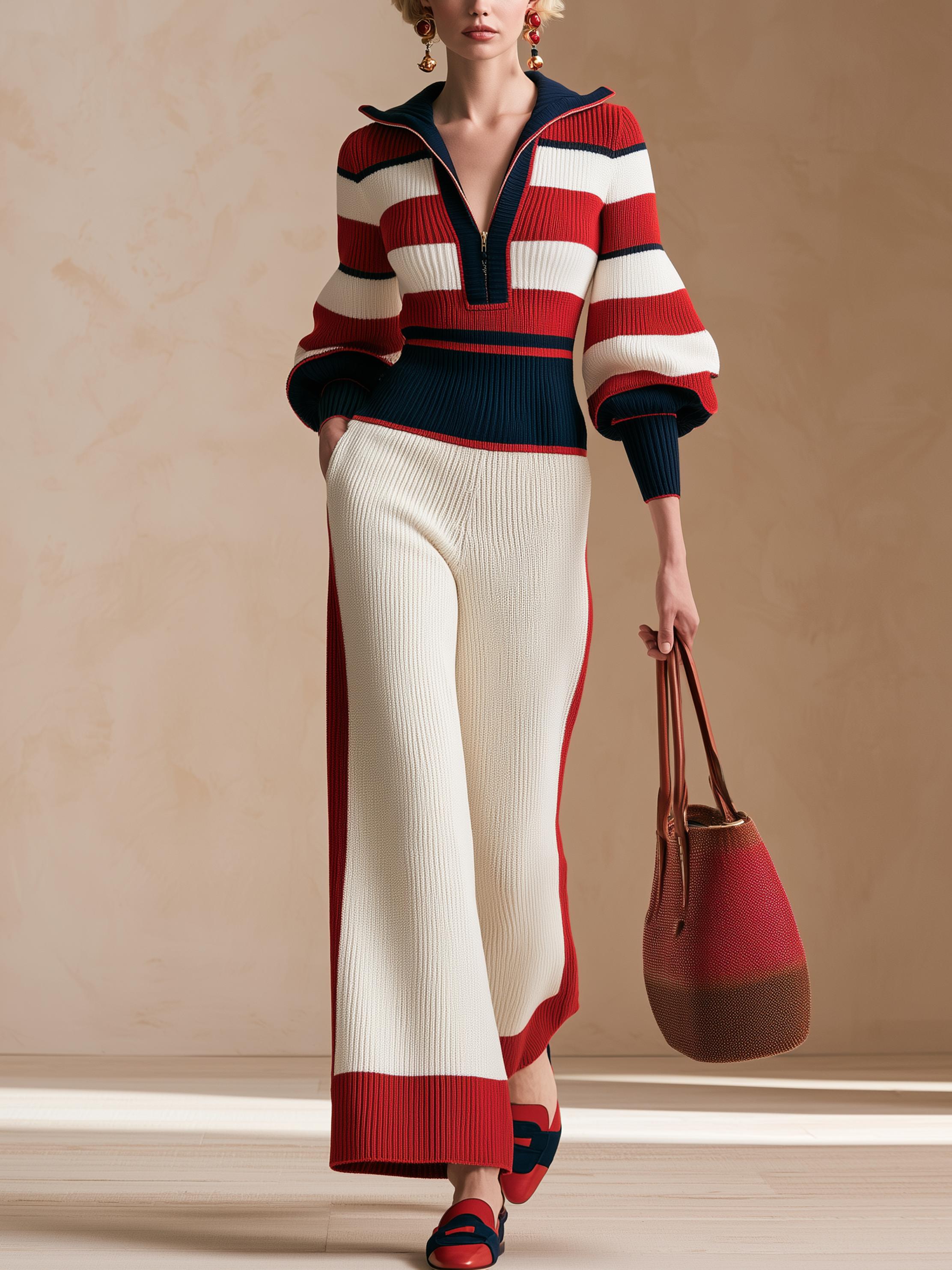 Color‑Block Stripe Half‑Zip Collared Knit Wide‑Leg Jumpsuit