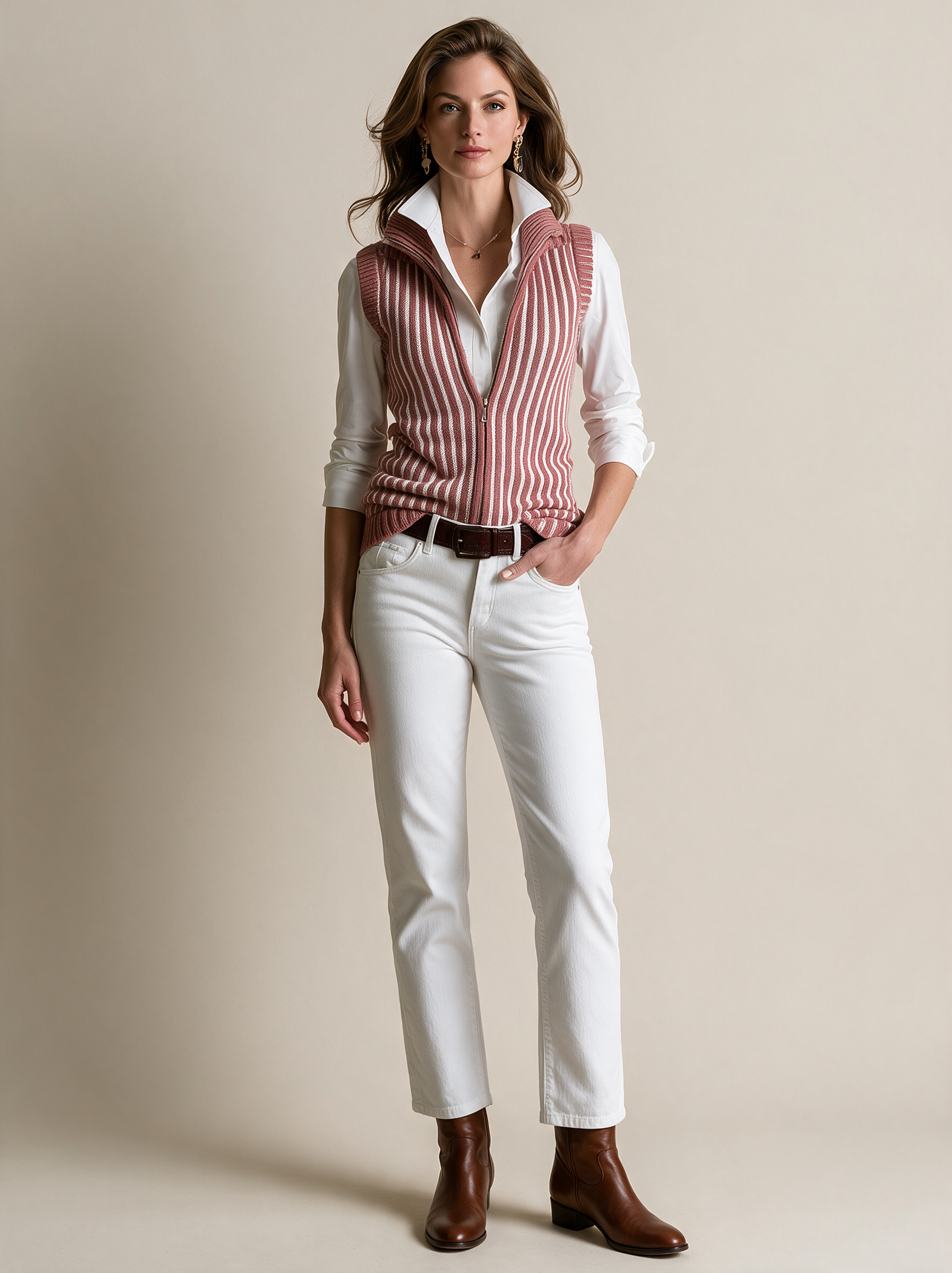 Rose Striped Zip-Up Sleeveless Knit Vest
