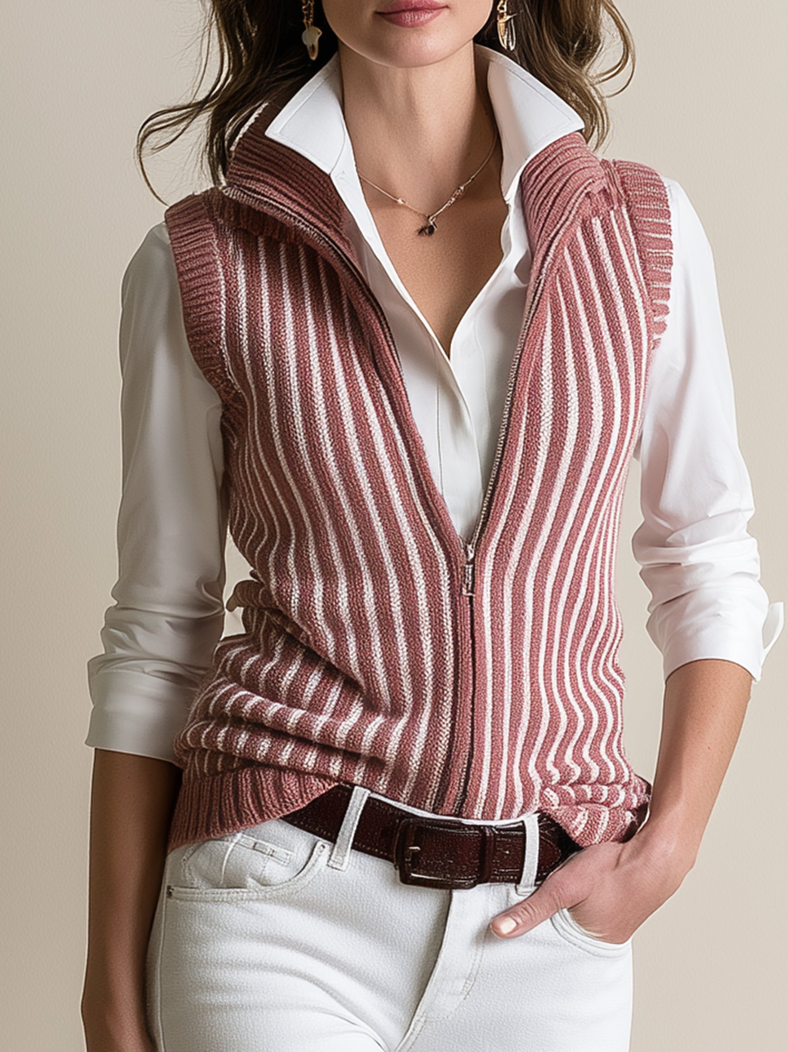 Rose Striped Zip-Up Sleeveless Knit Vest