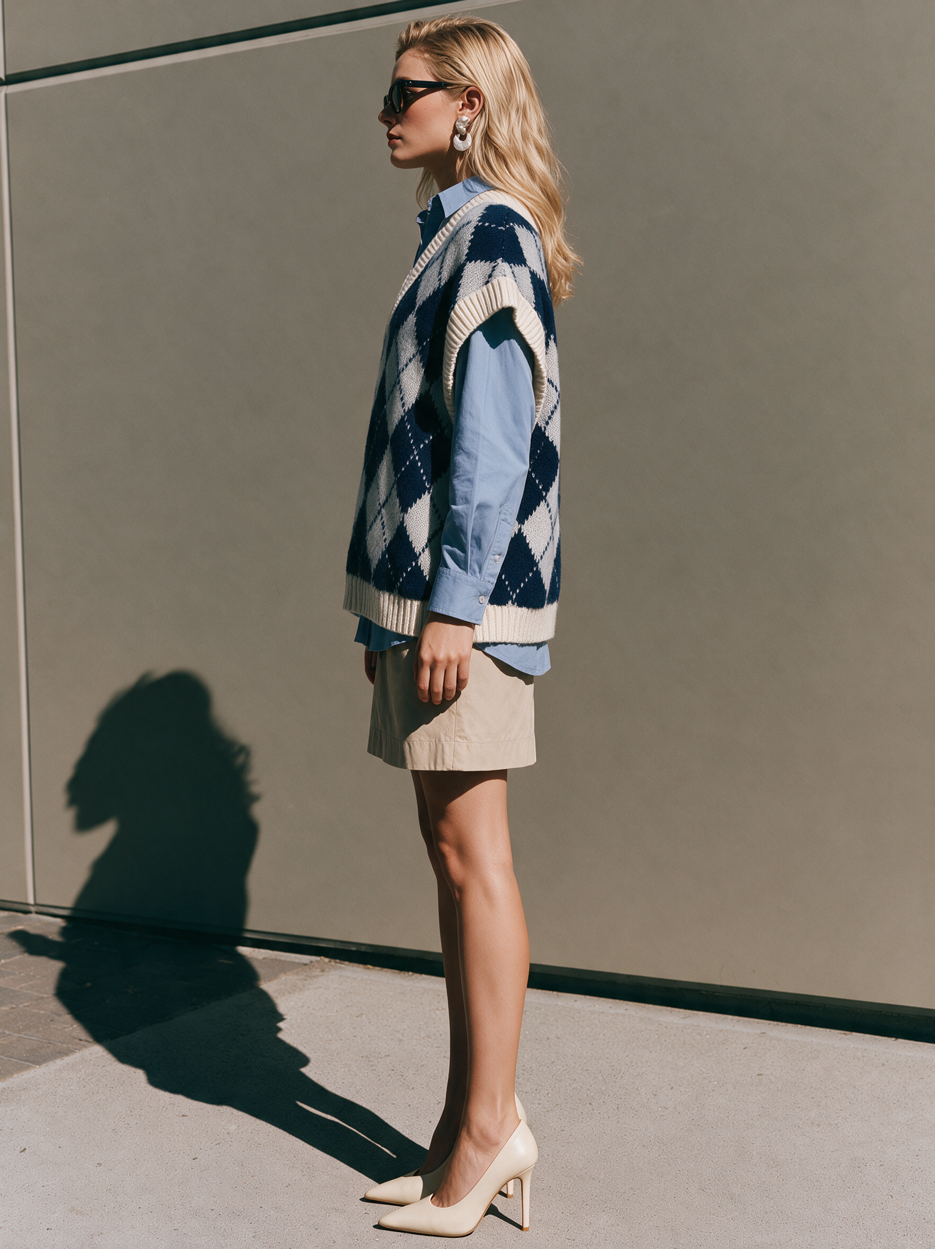 Navy Argyle V-Neck Oversized Sweater Vest
