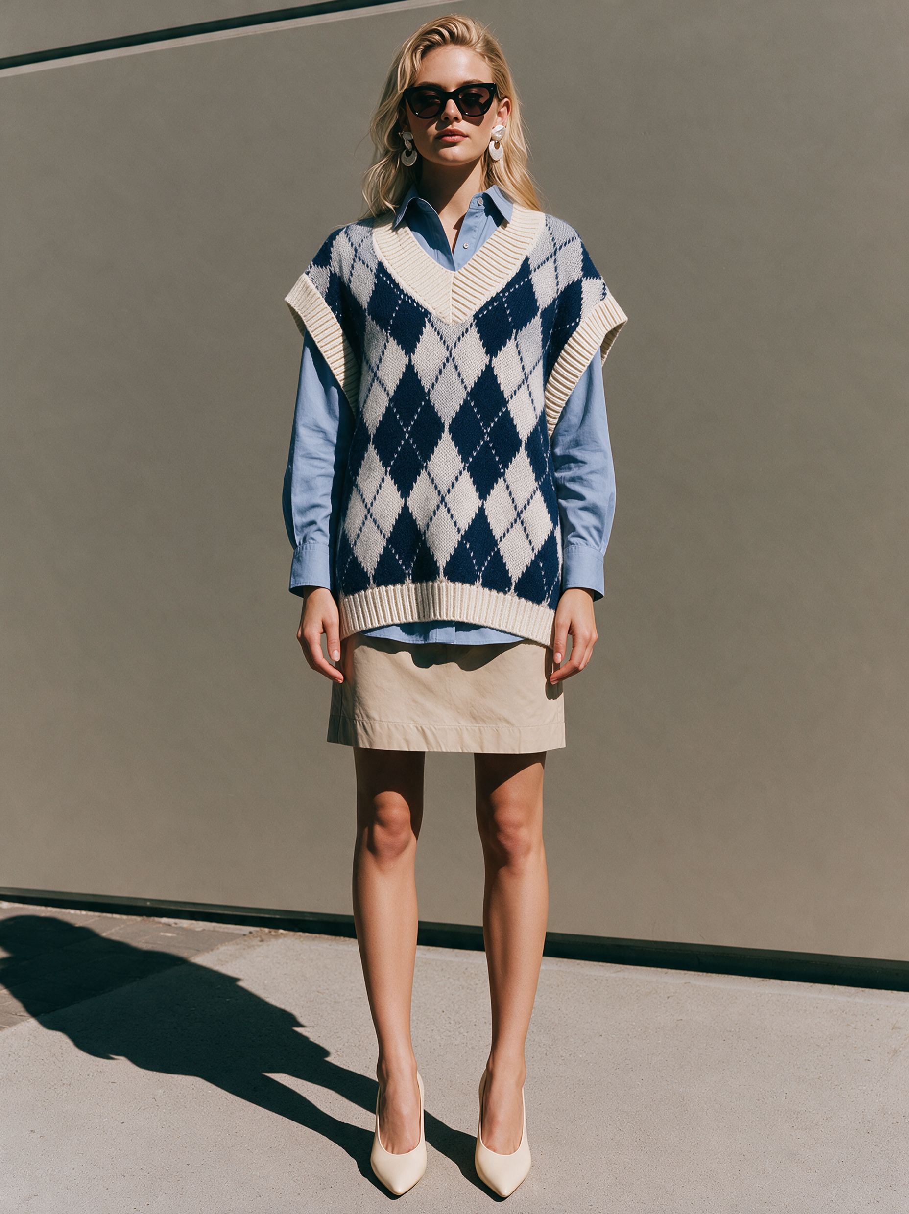 Navy Argyle V-Neck Oversized Sweater Vest