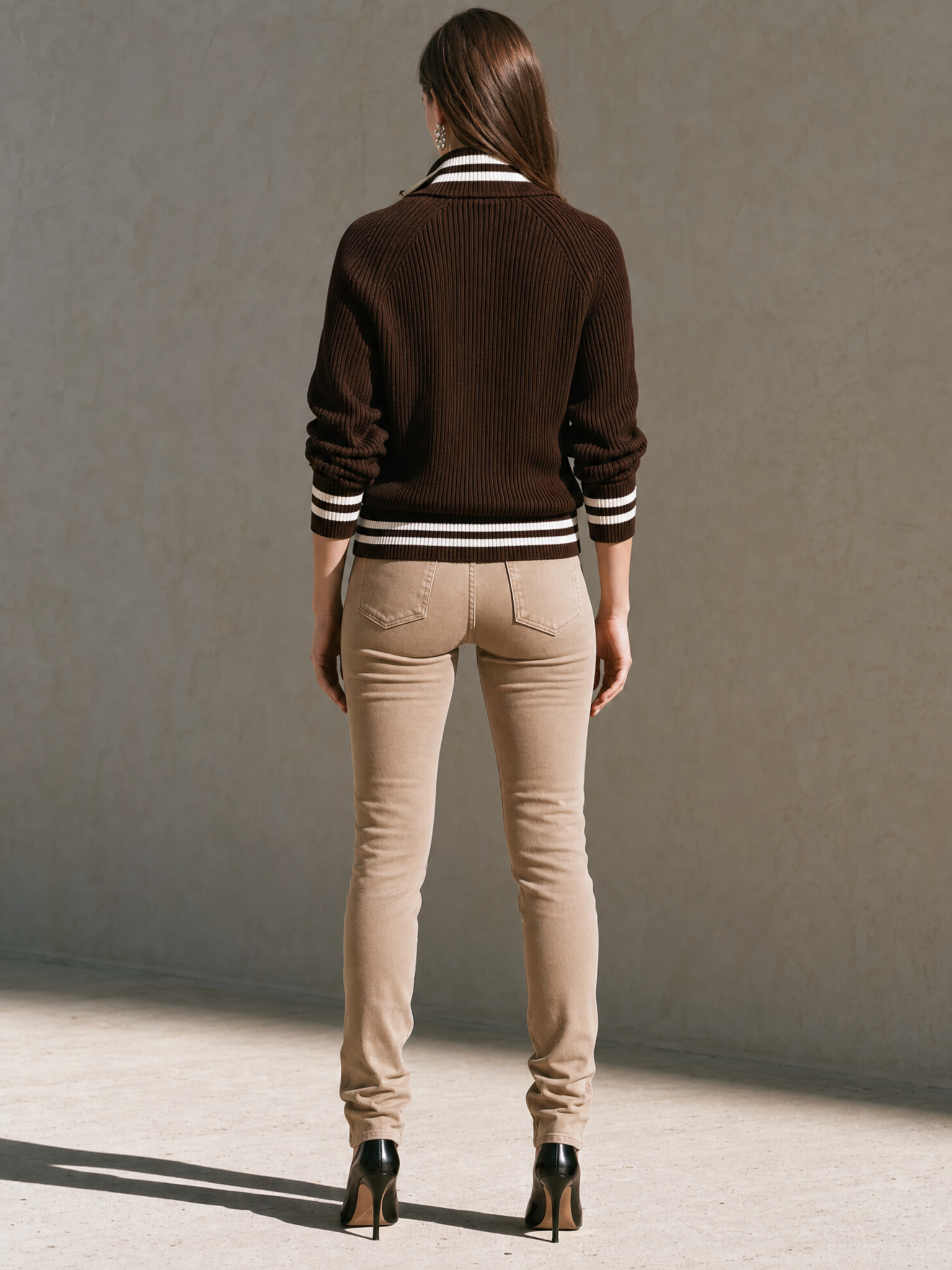 Brown Stand-collar Sweater With Silver Sequin Star Embellishments