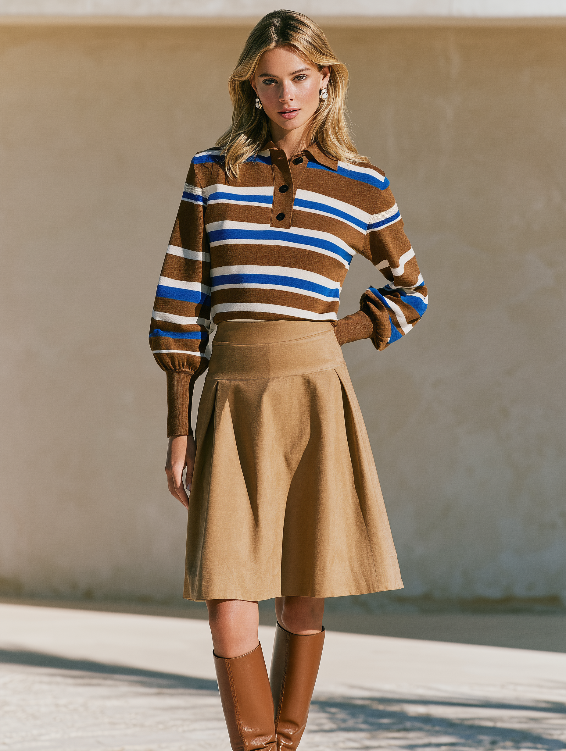 Brown Blue Striped Button Polo Knit Top