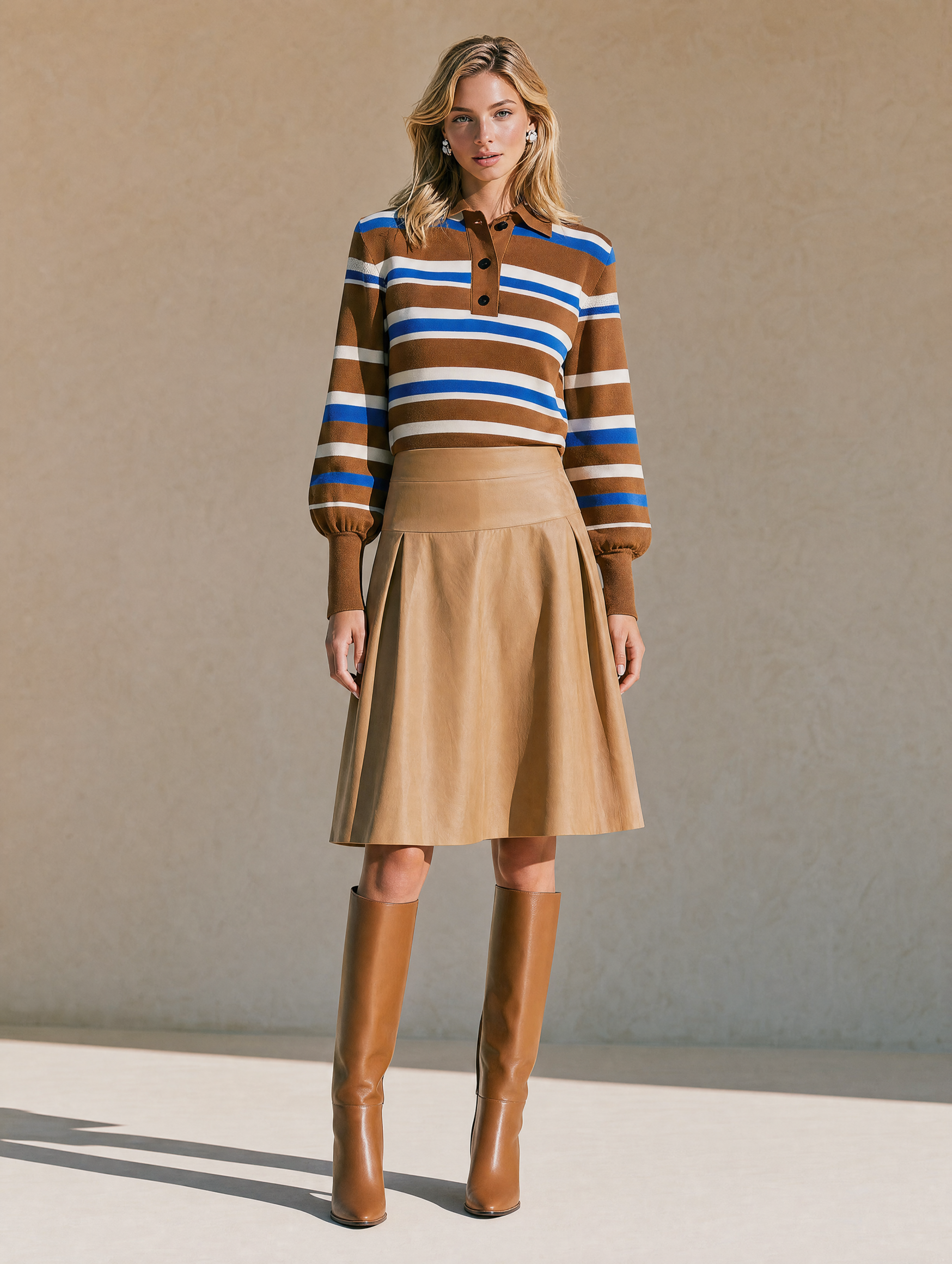 Brown Blue Striped Button Polo Knit Top