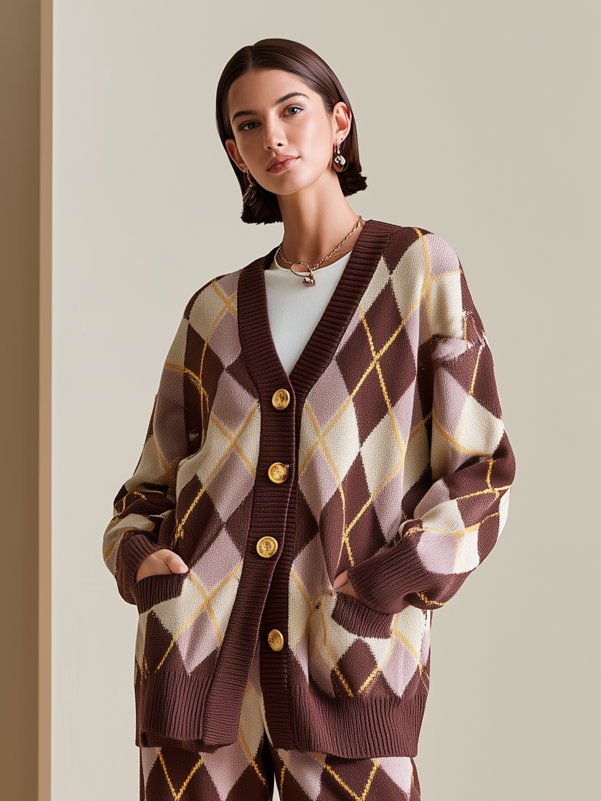 Elegant Dark Brown & Pink Argyle Knit Cardigan