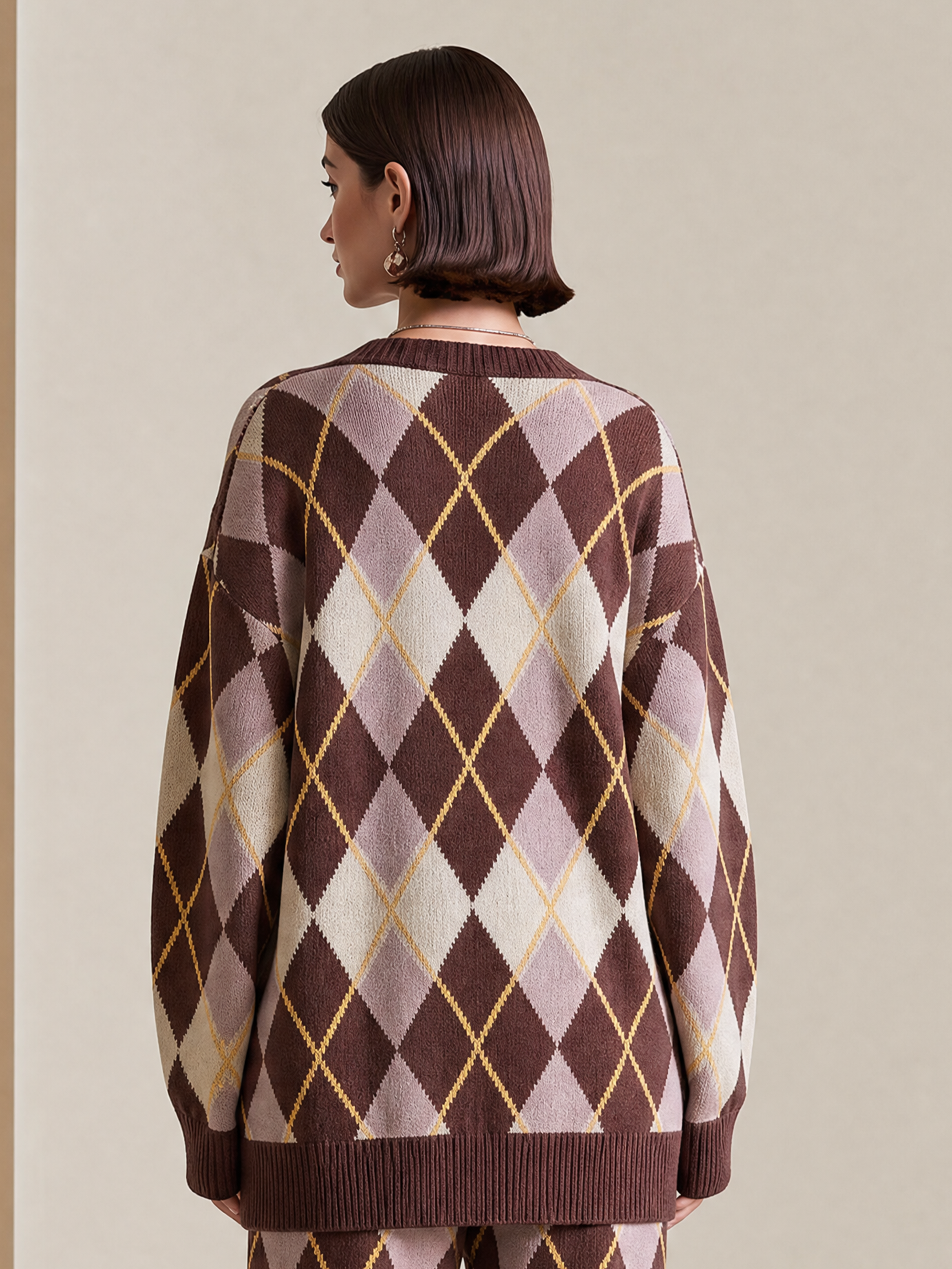 Elegant Dark Brown & Pink Argyle Knit Cardigan