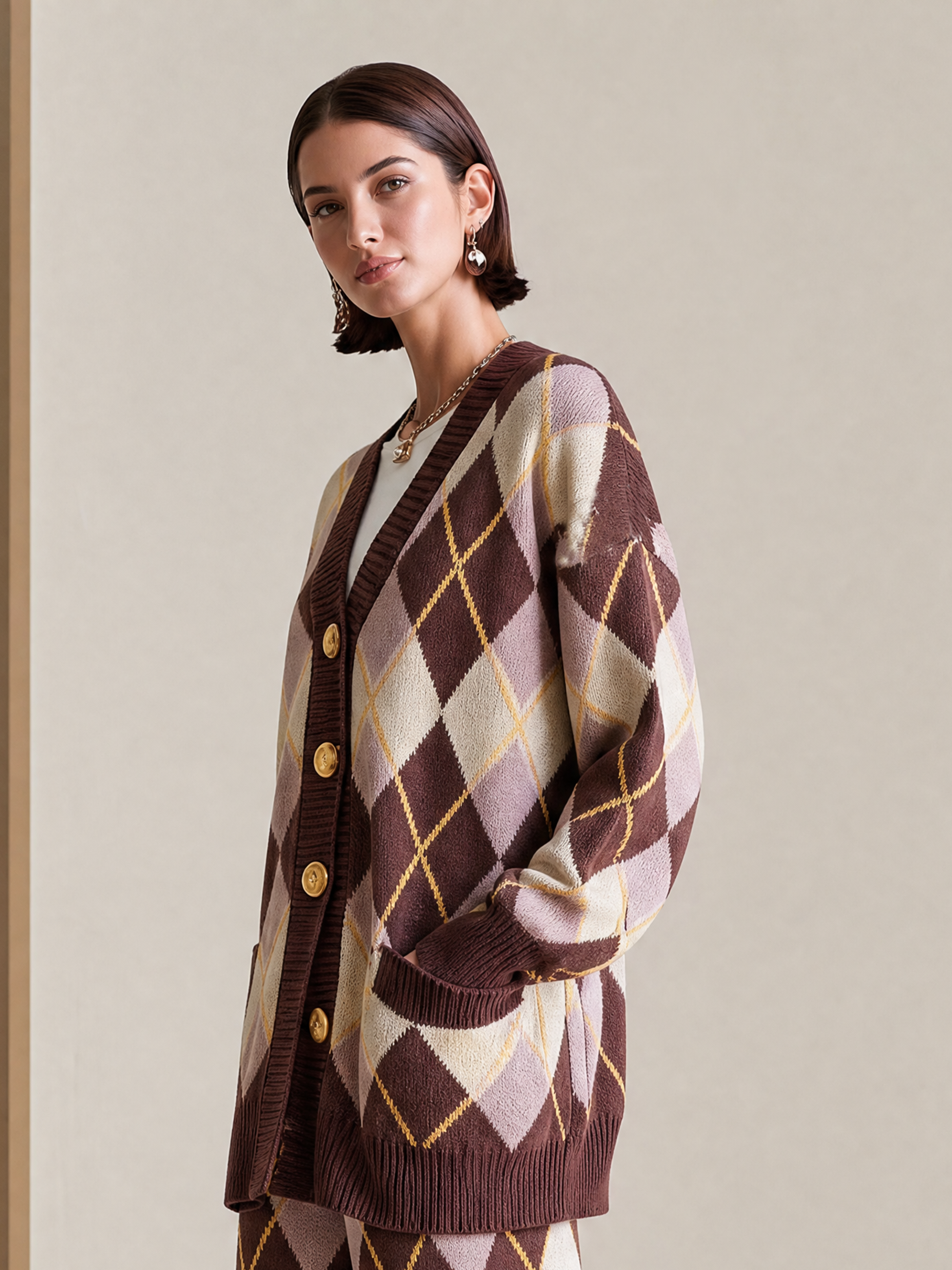 Elegant Dark Brown & Pink Argyle Knit Cardigan